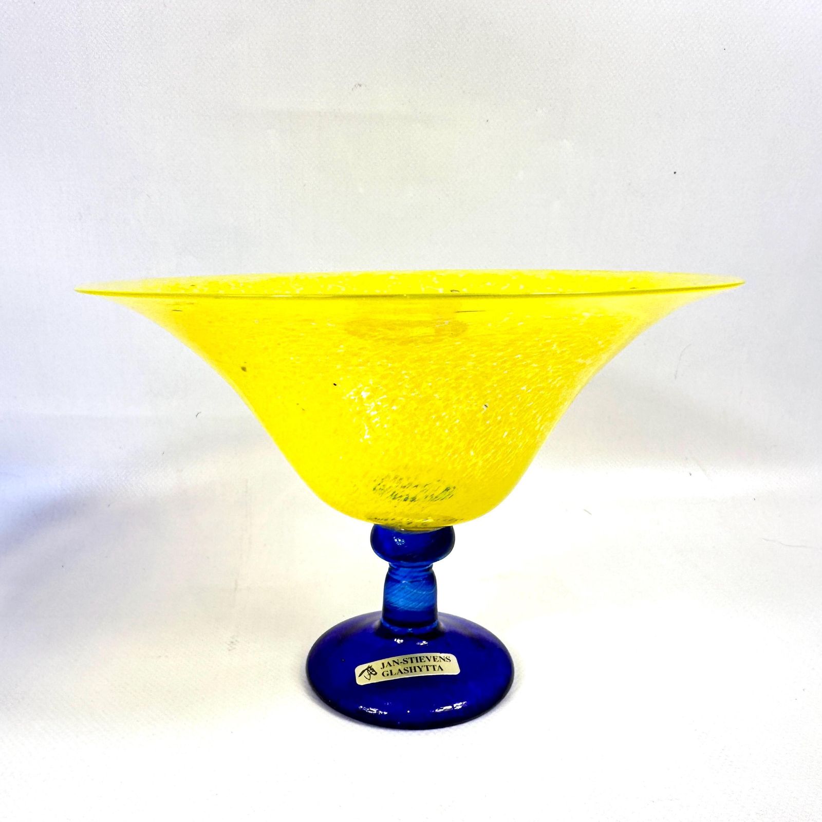 Scandinavian Art Glass Bowl – Jan Stievens Cobalt Blue & Yellow Pedestal