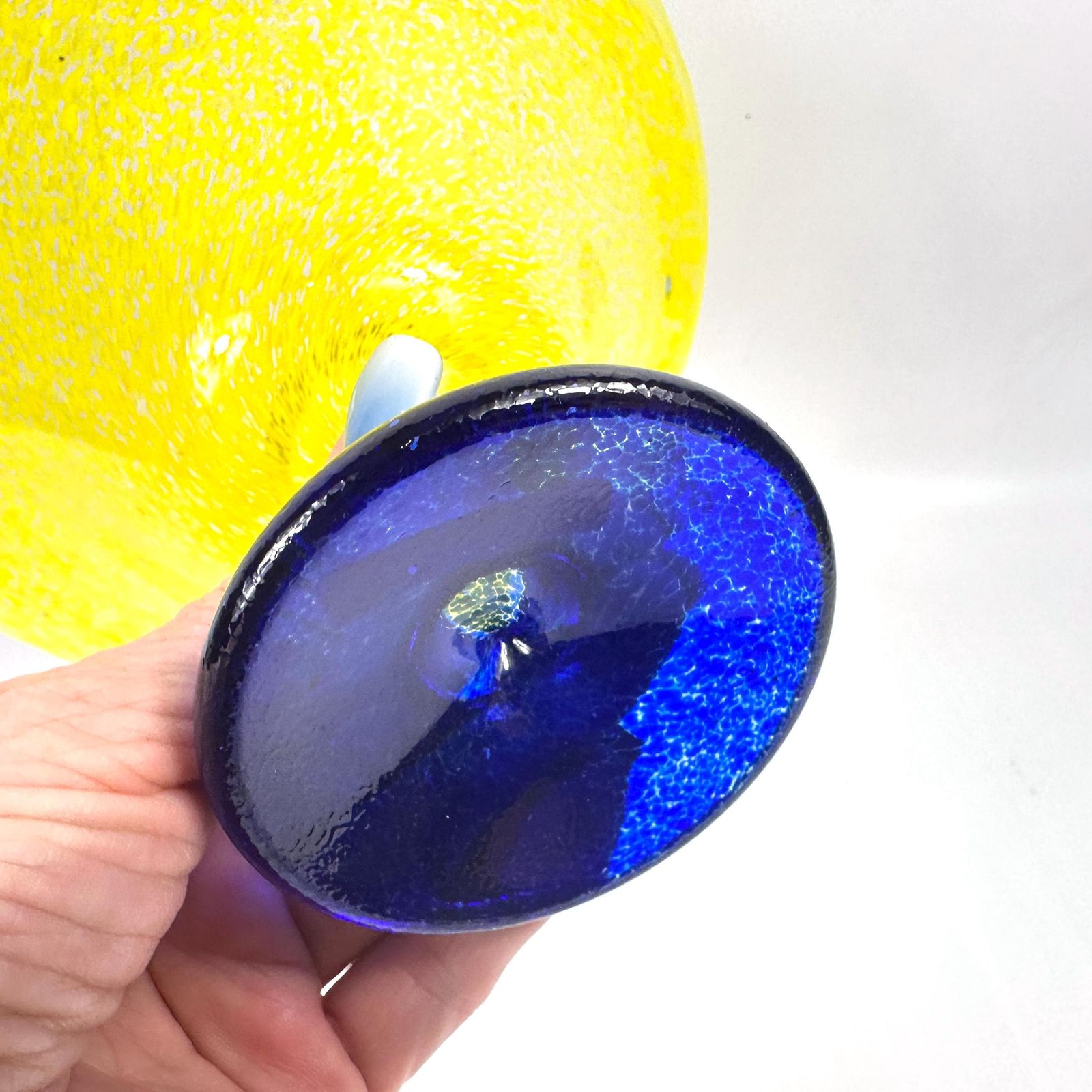 Scandinavian Art Glass Bowl – Jan Stievens Cobalt Blue & Yellow Pedestal photo 95.0