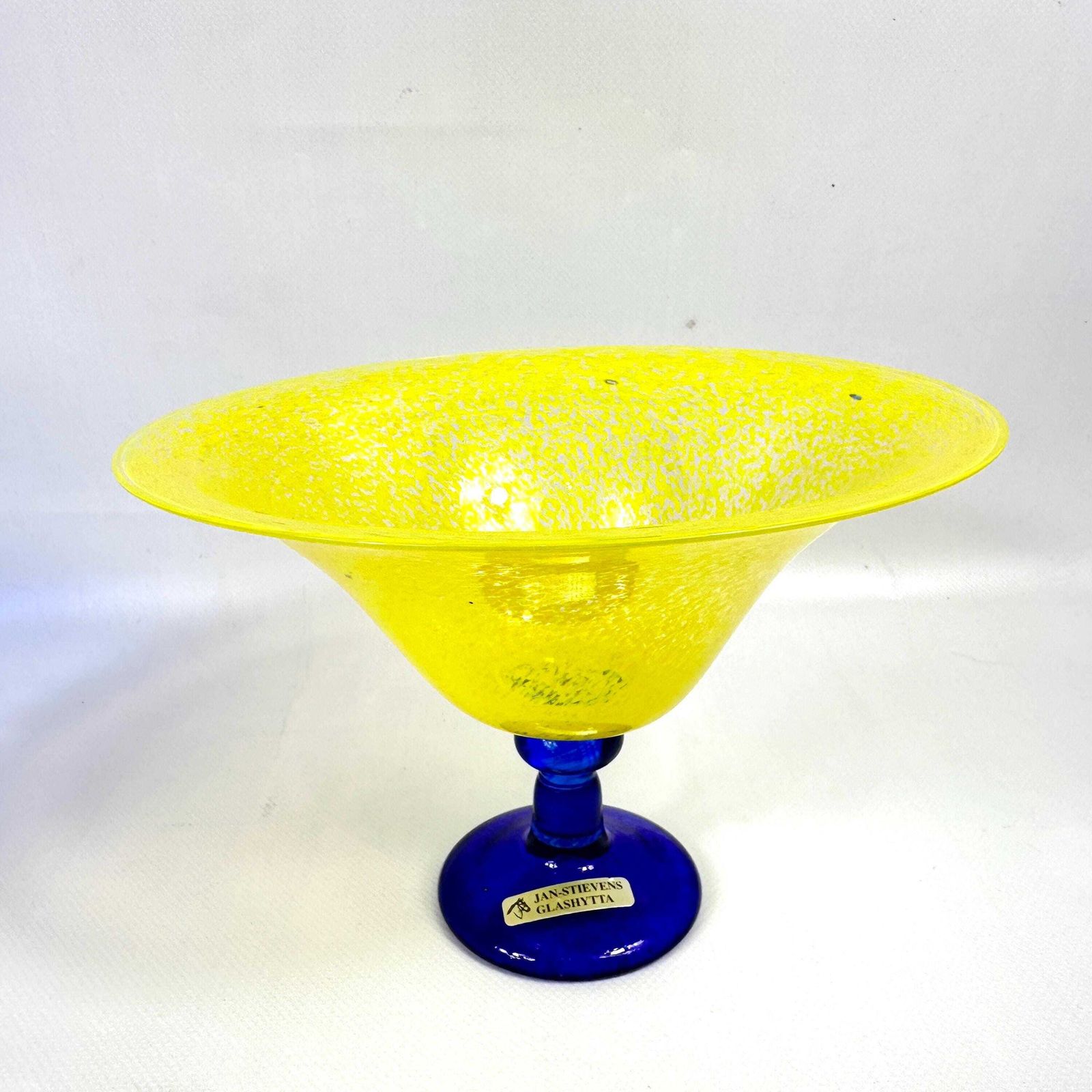 Scandinavian Art Glass Bowl – Jan Stievens Cobalt Blue & Yellow Pedestal photo vintage