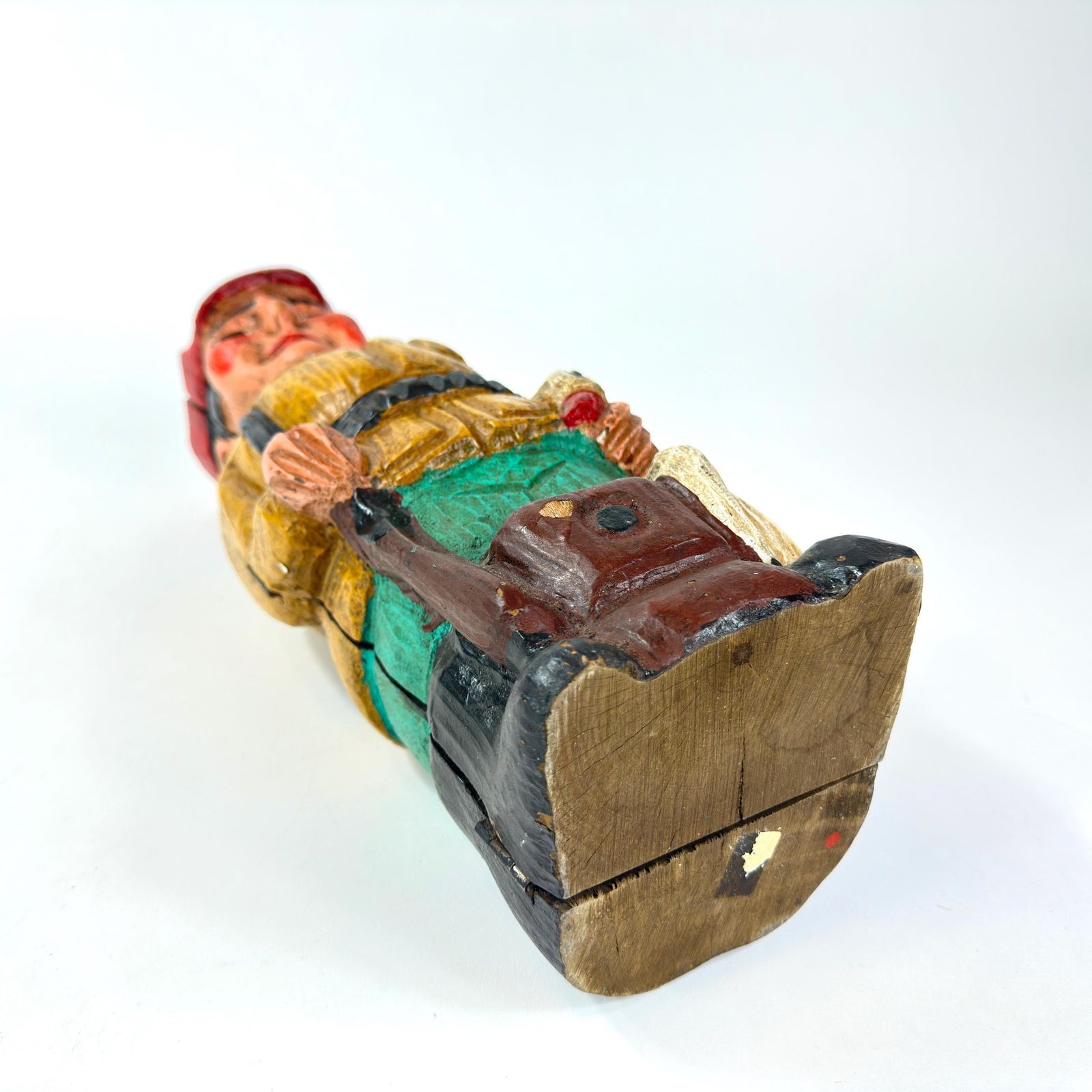 photo for sale Antique Hand Carved Wine Bottle Box – Huntsman, Folk Art Barware C.1940s