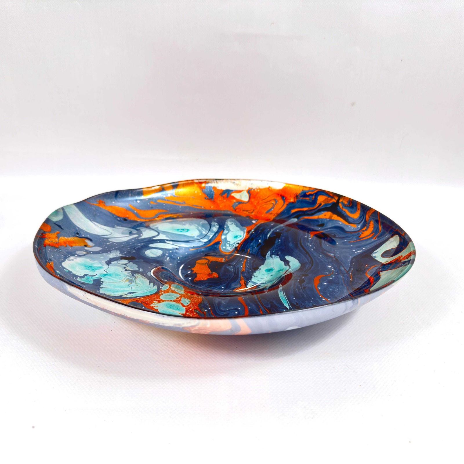 photo furniture Scandinavian Art Glass Bowl – Large Centrepiece With Blue, Aqua & Orange Marbling, 30.5 Cm