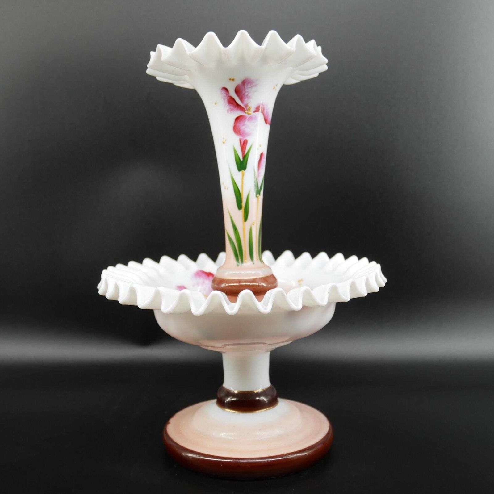 Antique French Art Nouveau Vase – Hand Painted Opal Glass – Pedestal Trumpet Design photo furniture
