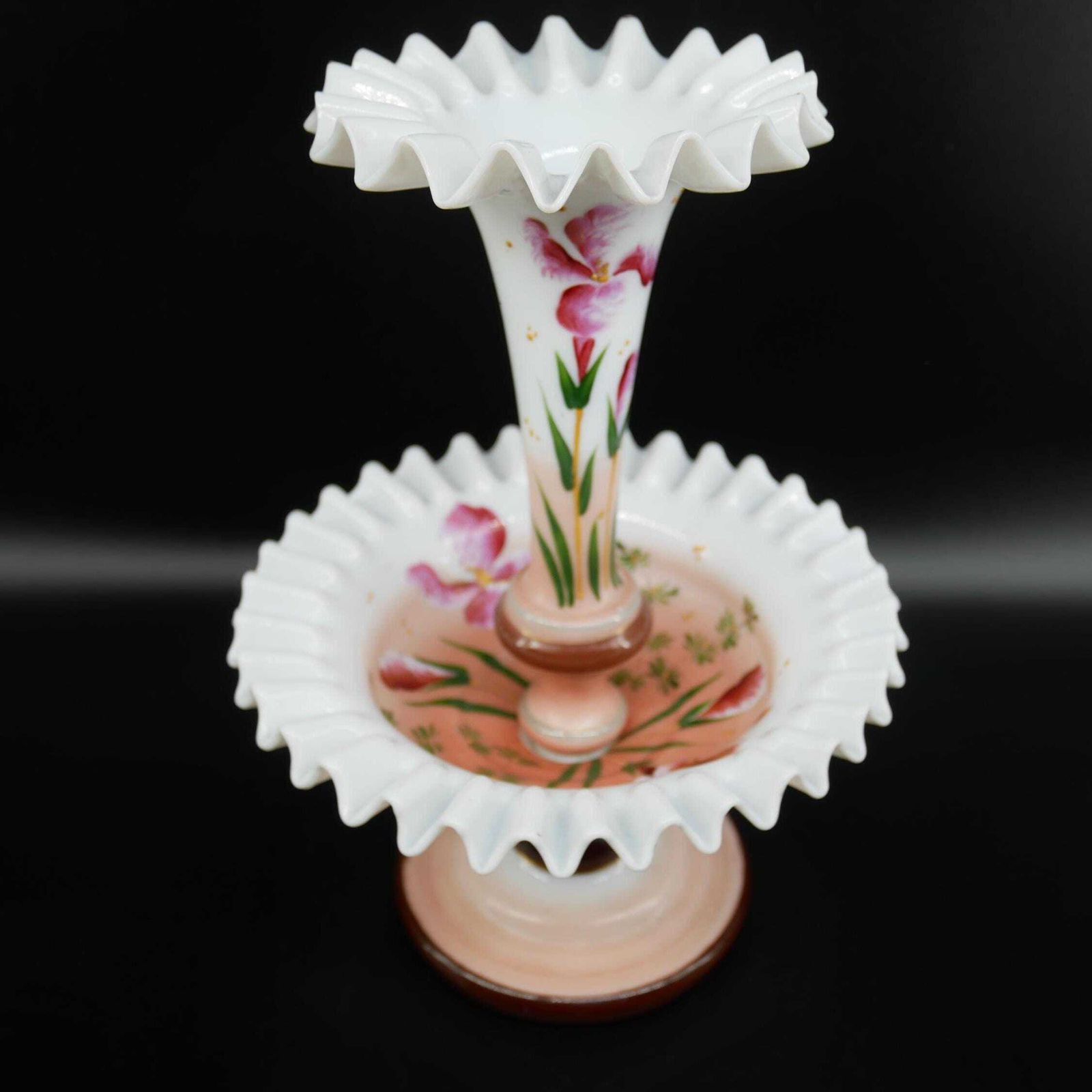 photo furniture Antique French Art Nouveau Vase – Hand Painted Opal Glass – Pedestal Trumpet Design