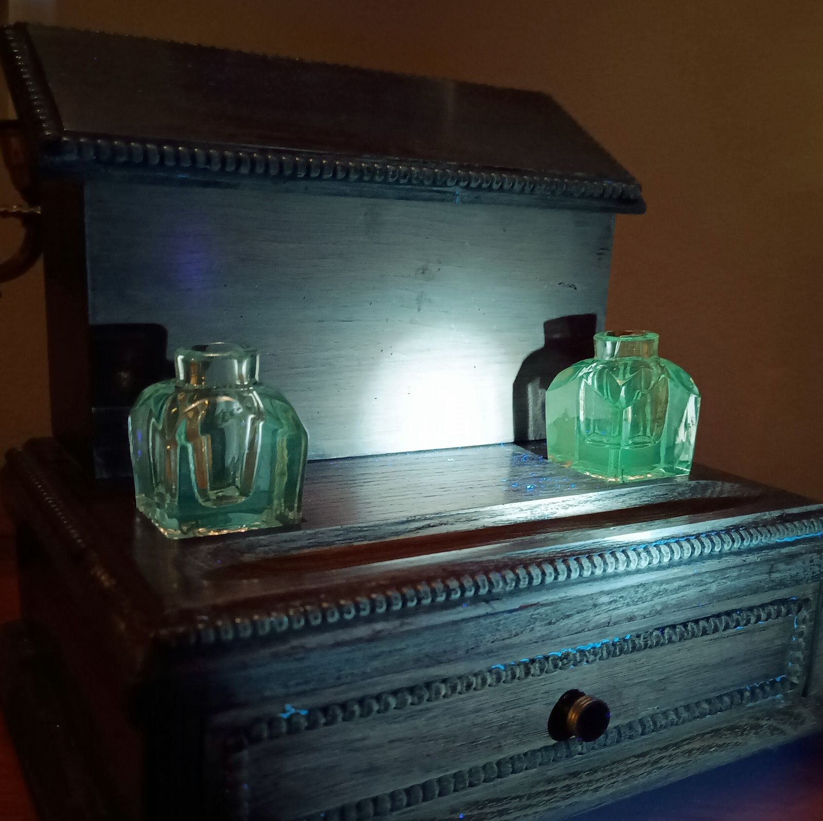 145.0 Antique English Small Oak Desk Tidy With Lidded Papers Holder And Pull Out Drawer, Cut Crystal Inkwells photo