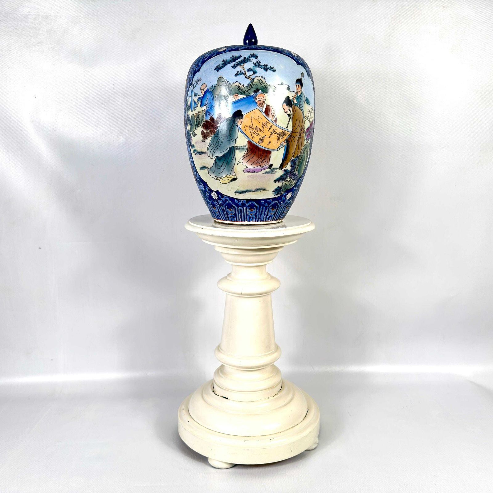 photo for sale Antique Wood Pedestal Plinth – Cream Painted Display Stand, C.1900
