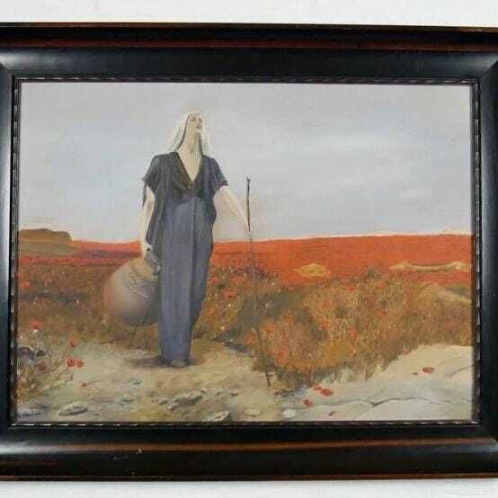 photo for sale Mid Century Vintage Original Religious Oil Painting – "The Blind Woman In A Poppy Field"