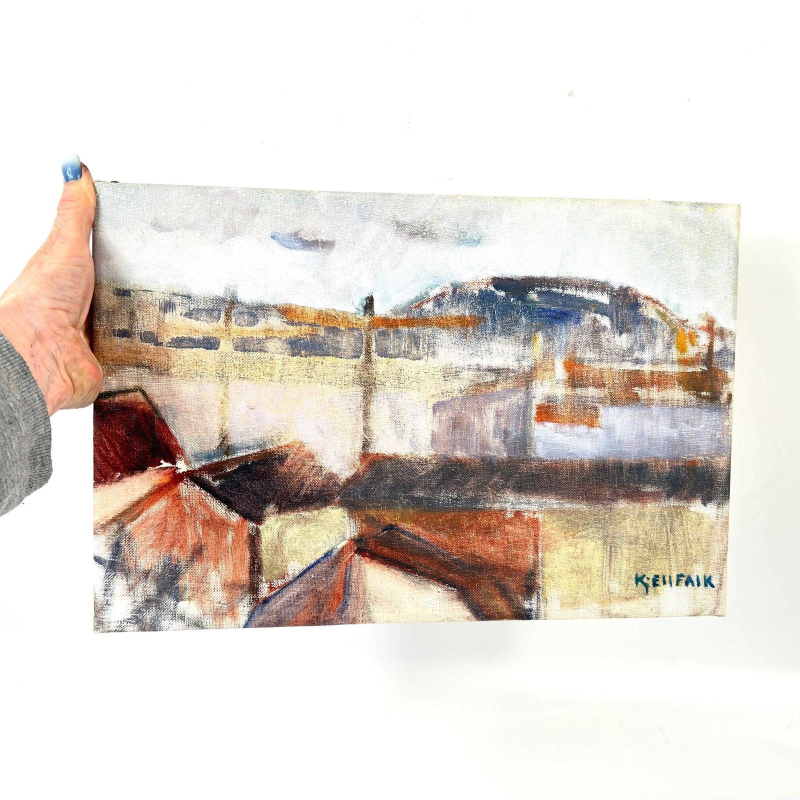 photo for sale Oil Painting By Kjell Falk – Swedish Industrial Scene, 1970s