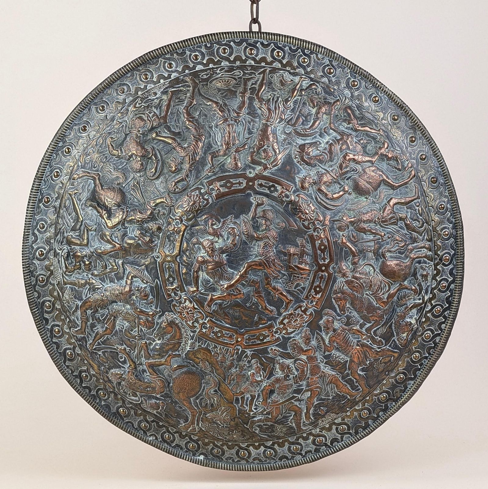 Large Brass Repoussé Shield Plaque Roman Battle Scene Victorian Grand Tour Wall Hanging Decor