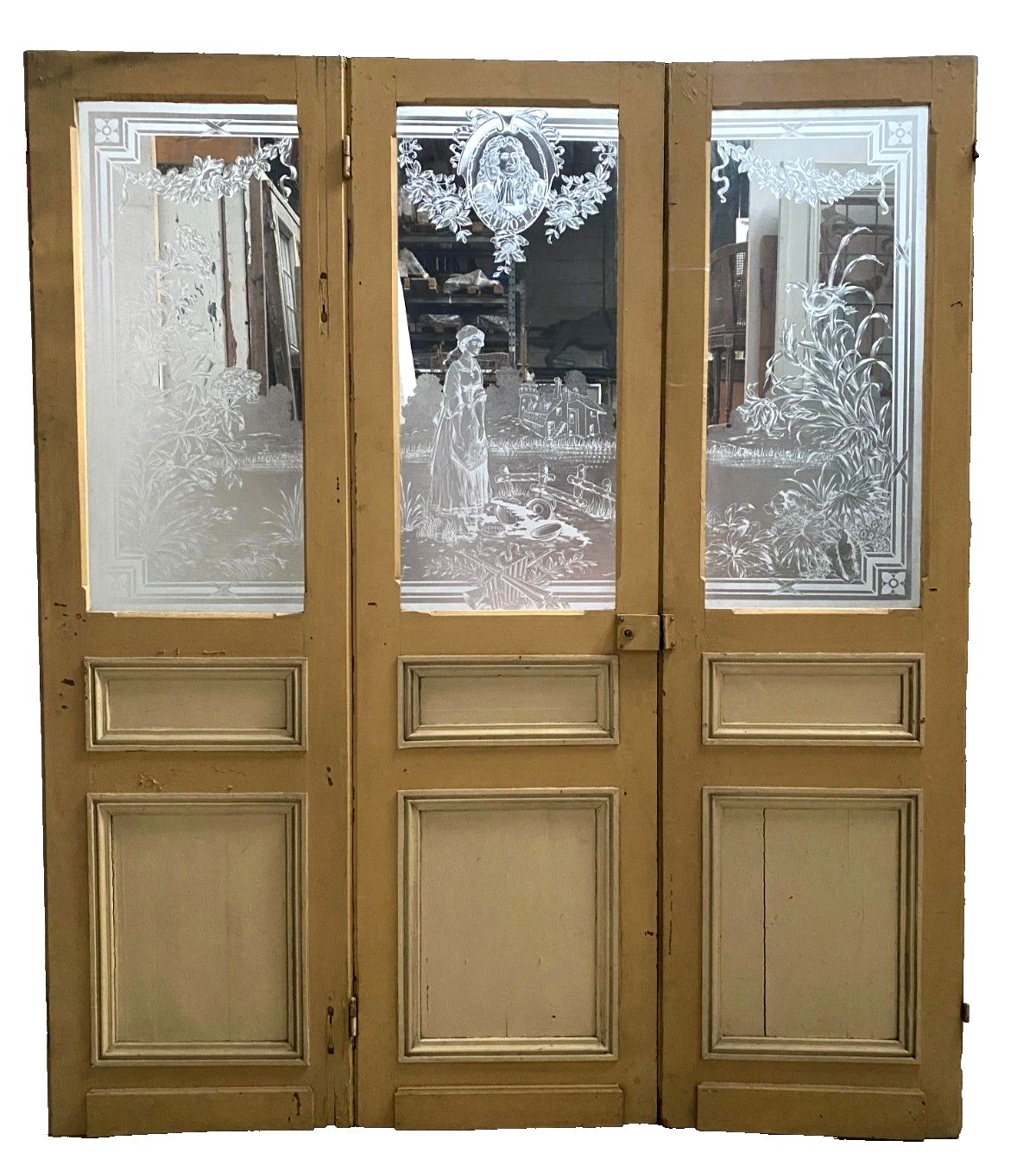 Art Nouveau Wood And Glass Engraved Three Door Partition Suite 20th Century photo Home Decor