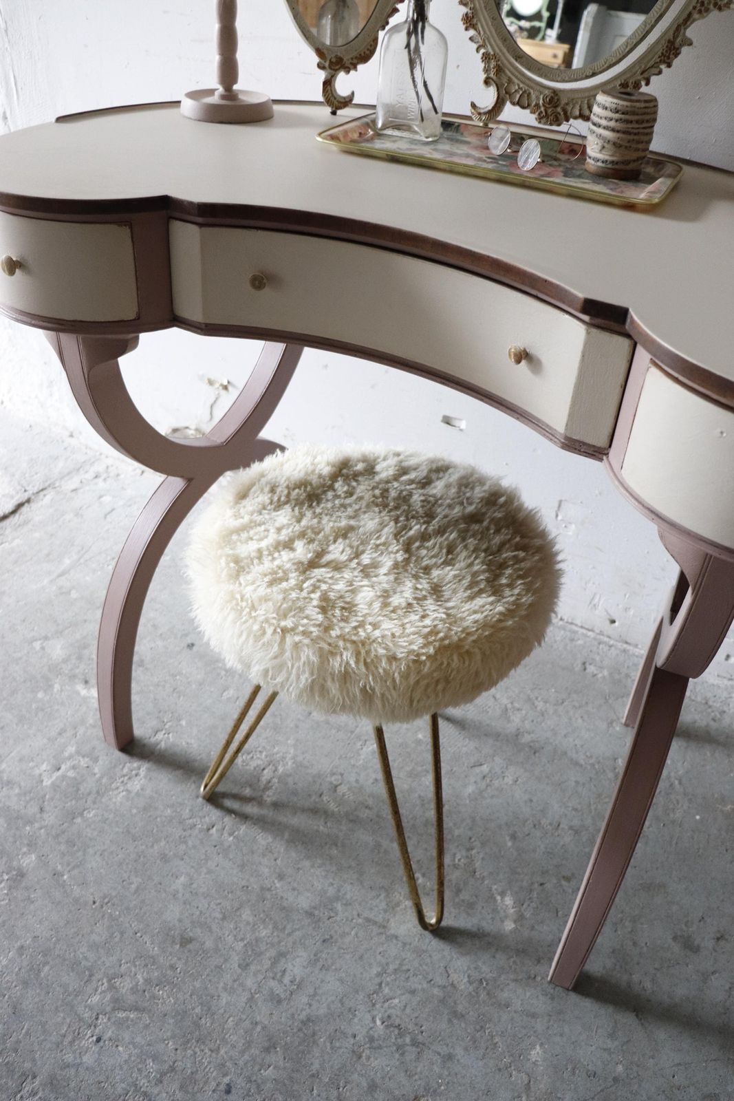 1950s German Boudoir Stool With Shaggy Faux Sheepskin Seat photo furniture