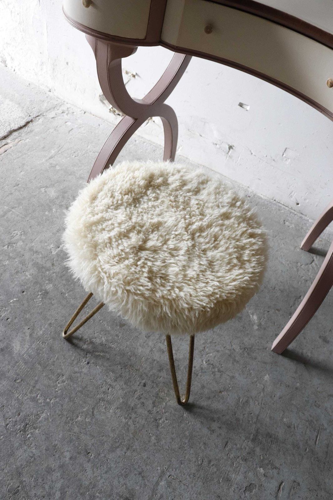 1950s German Boudoir Stool With Shaggy Faux Sheepskin Seat photo Furniture