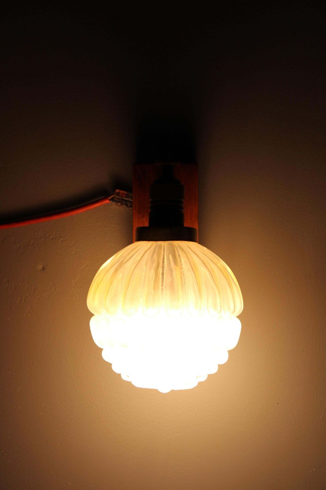 Mid Century Wooden And Glass Wall Lamp, Czechoslovakia 1960s — Vintage Sculptura photo for sale