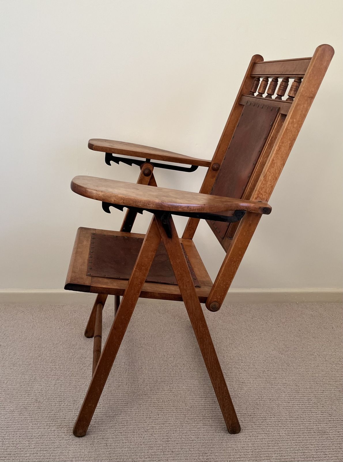 Rare Arts And Crafts Maple Campaign Adjustable/Folding Chair Leather Seat photo for sale