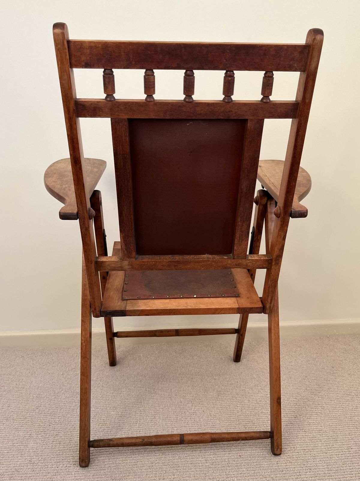 Rare Arts And Crafts Maple Campaign Adjustable/Folding Chair Leather Seat photo 245.0