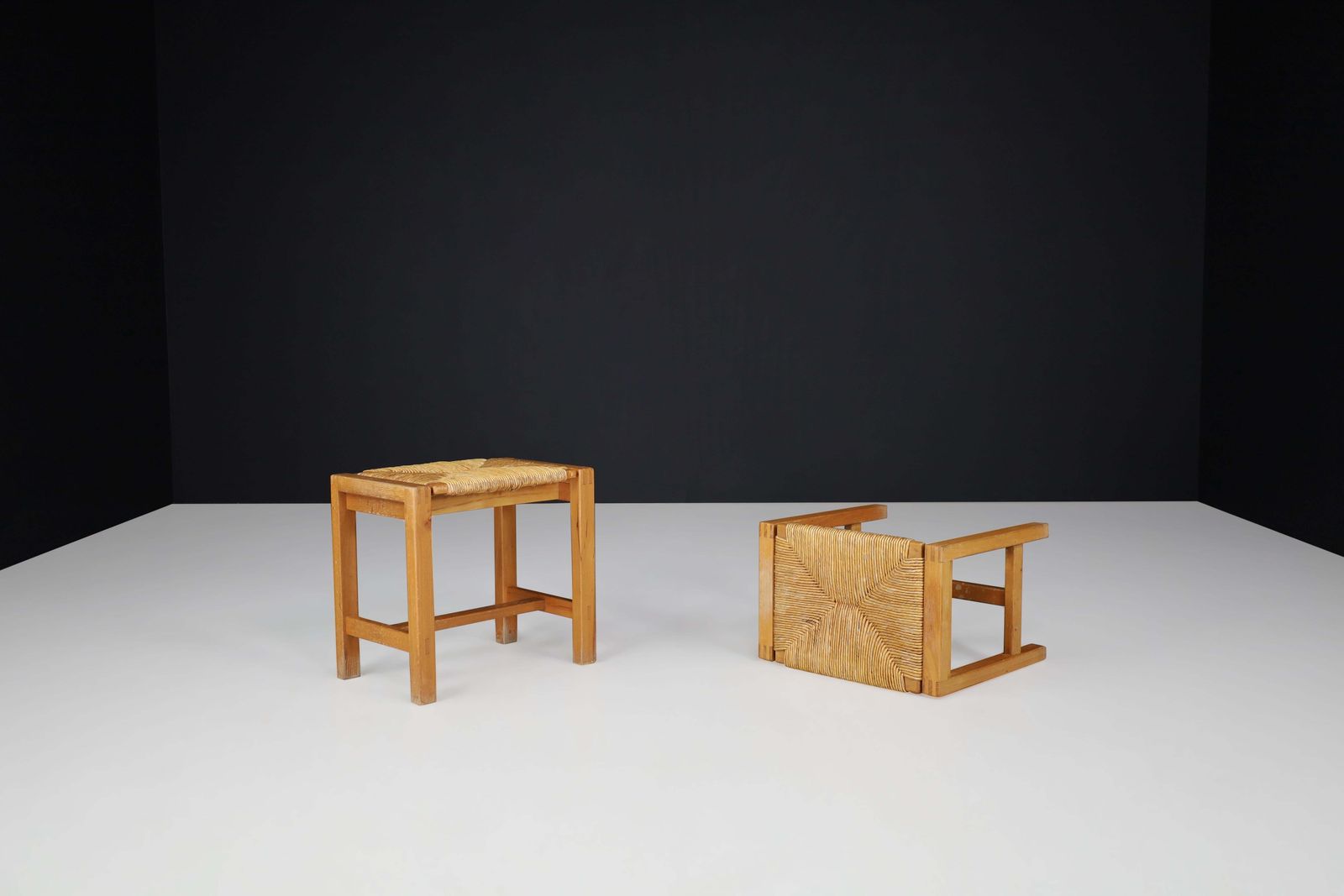 Set Of Two Mid Century Modern Elm And Rush Stools By Maison Regain, France, 1960 photo furniture