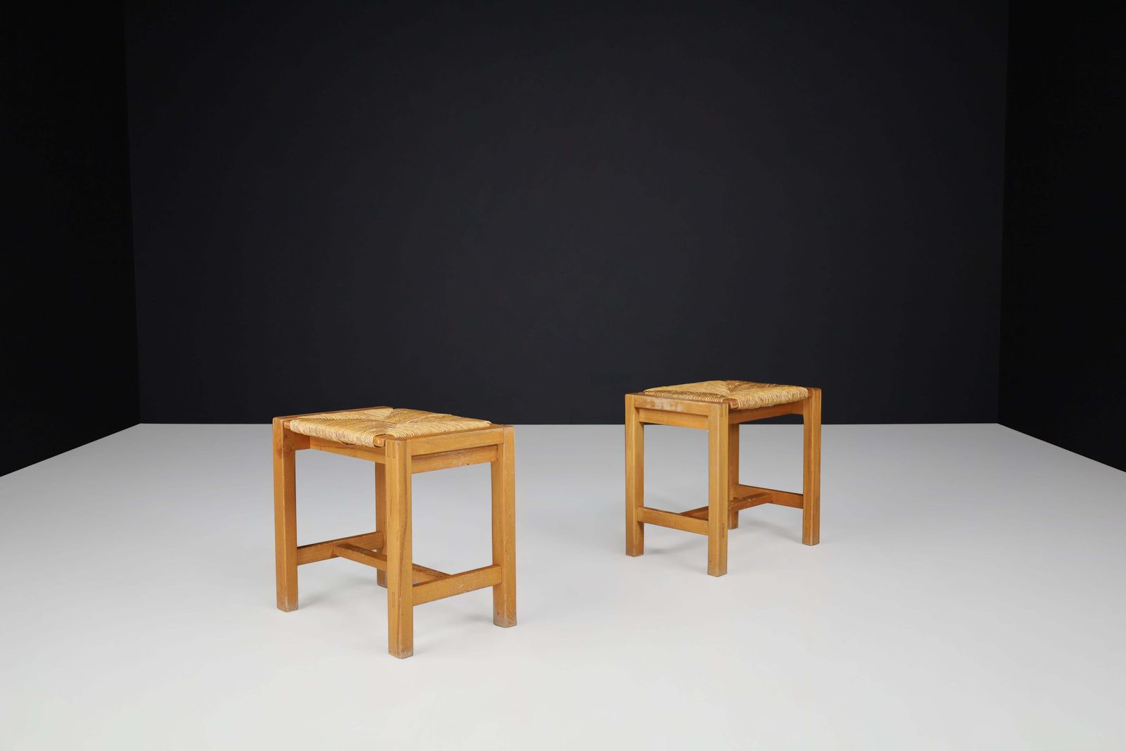 photo furniture Set Of Two Mid Century Modern Elm And Rush Stools By Maison Regain, France, 1960