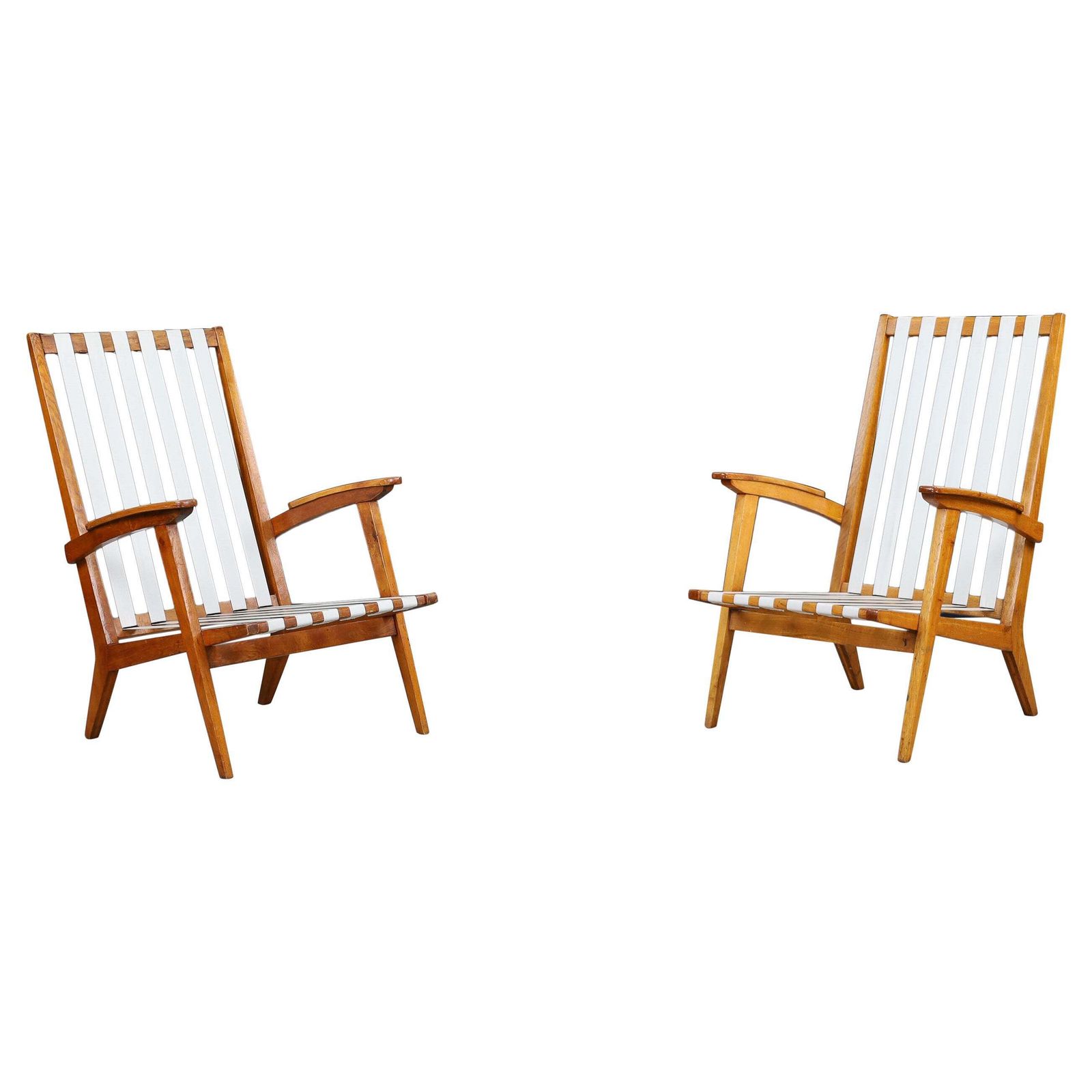 Mid Century Modern Highback Armchairs In Oak And Canvas Straps, France, 1950s