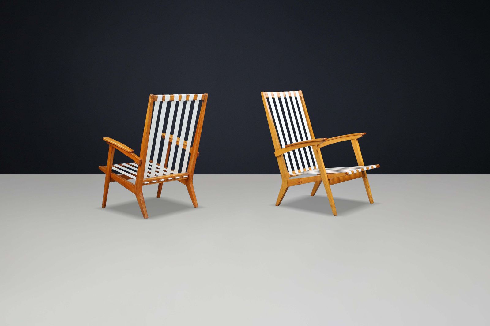 Mid Century Modern Highback Armchairs In Oak And Canvas Straps, France, 1950s photo Furniture