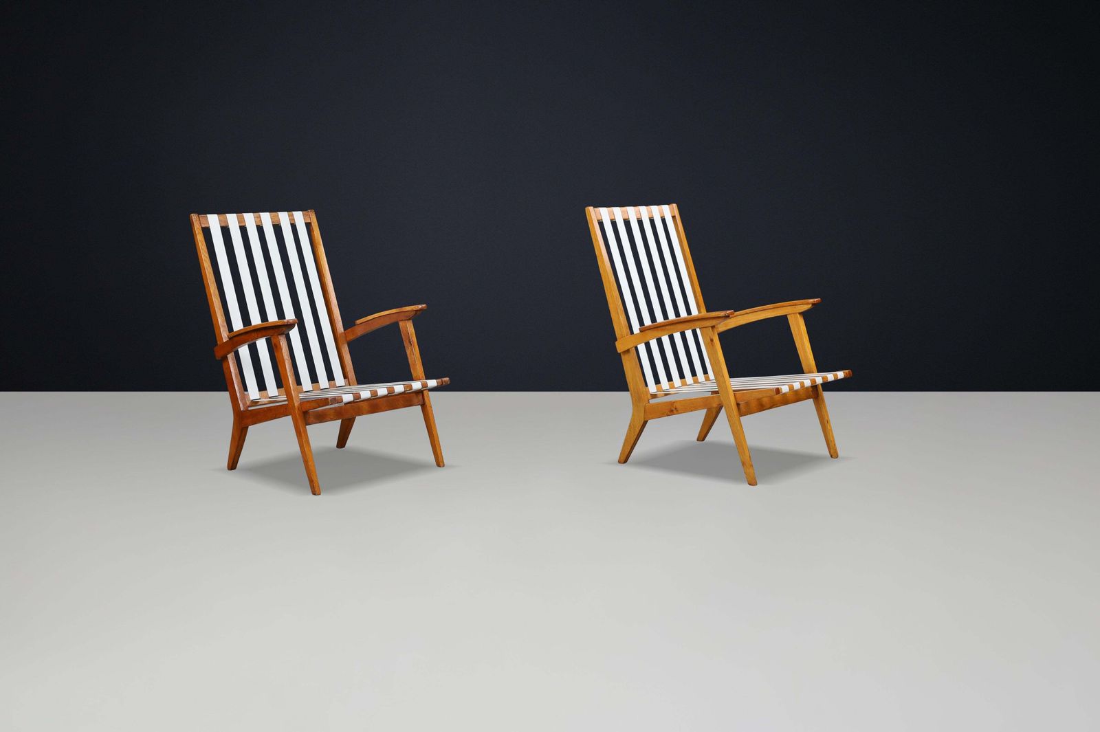 Mid Century Modern Highback Armchairs In Oak And Canvas Straps, France, 1950s photo vintage