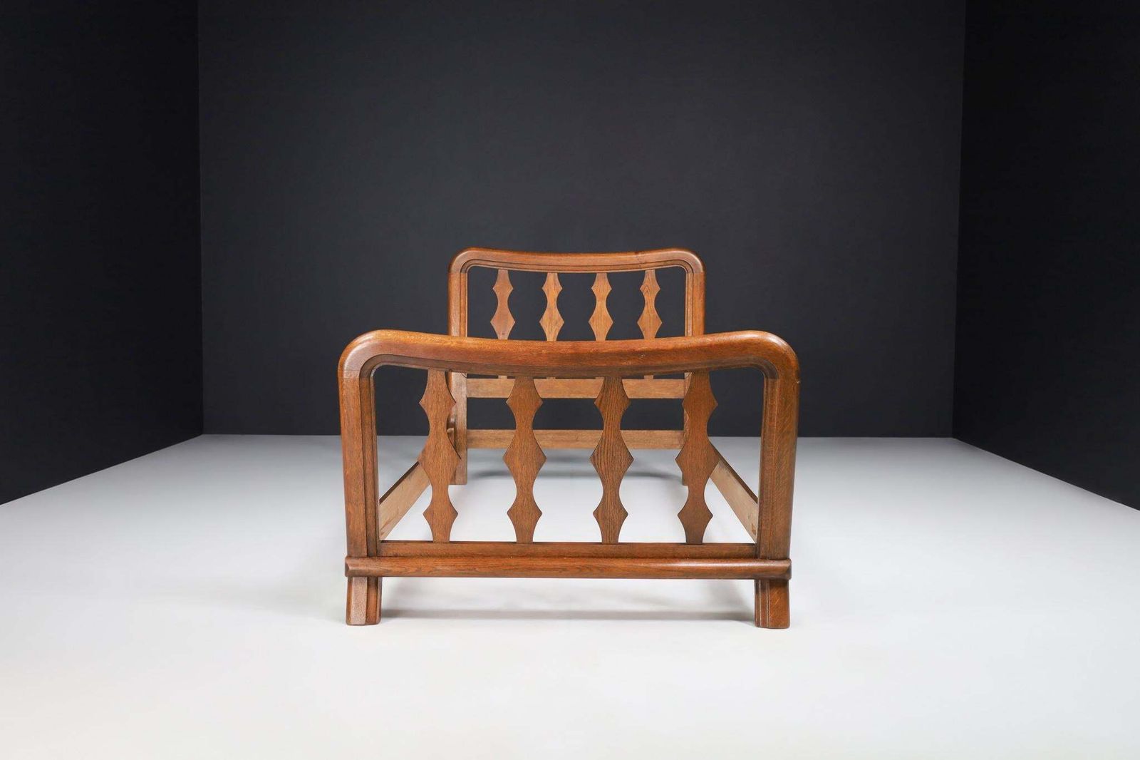 Mid Century Modern Guillerme & Chambron Bed Frame In Solid Oak, France 1960s photo for sale