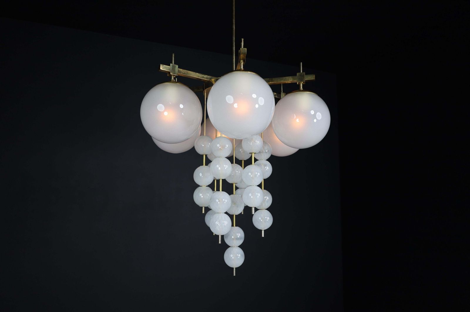 Brass Chandelier With Frosted Glass Globes, Czechia 1950s photo 4266.0