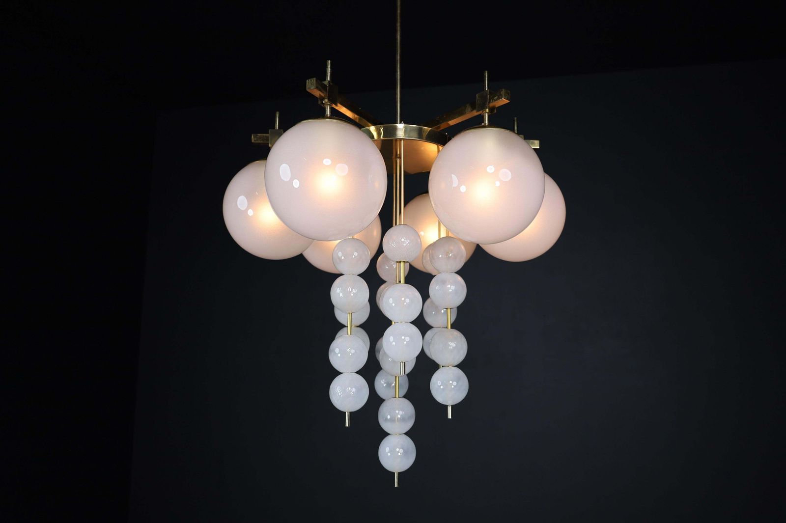 photo buy Brass Chandelier With Frosted Glass Globes, Czechia 1950s