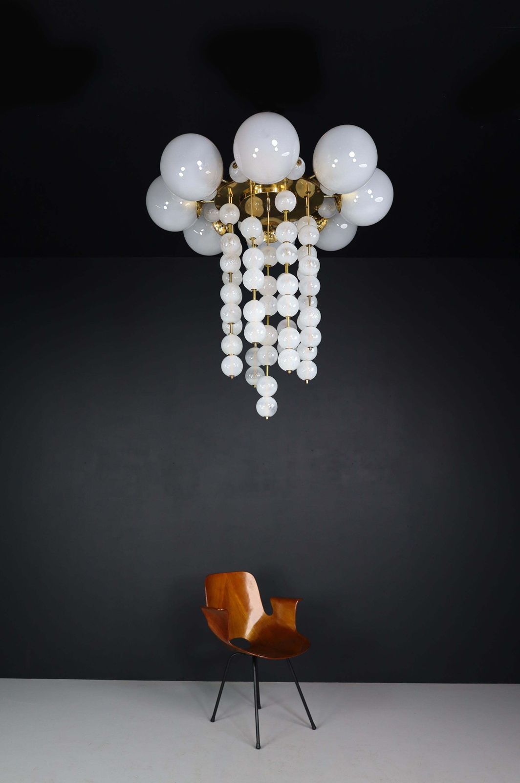 Set Of Five Grand Czech Chandeliers, Brass & Hand Blown Frosted Glass, 1960s photo vinterior