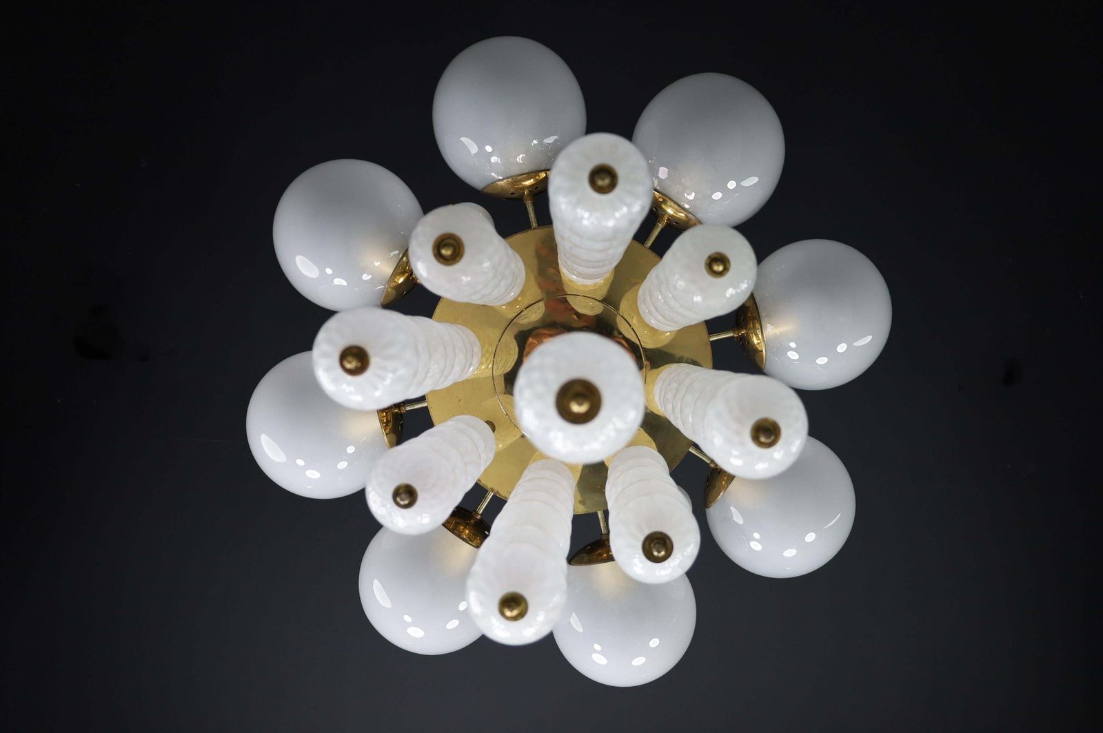 Set Of Five Grand Czech Chandeliers, Brass & Hand Blown Frosted Glass, 1960s photo buy