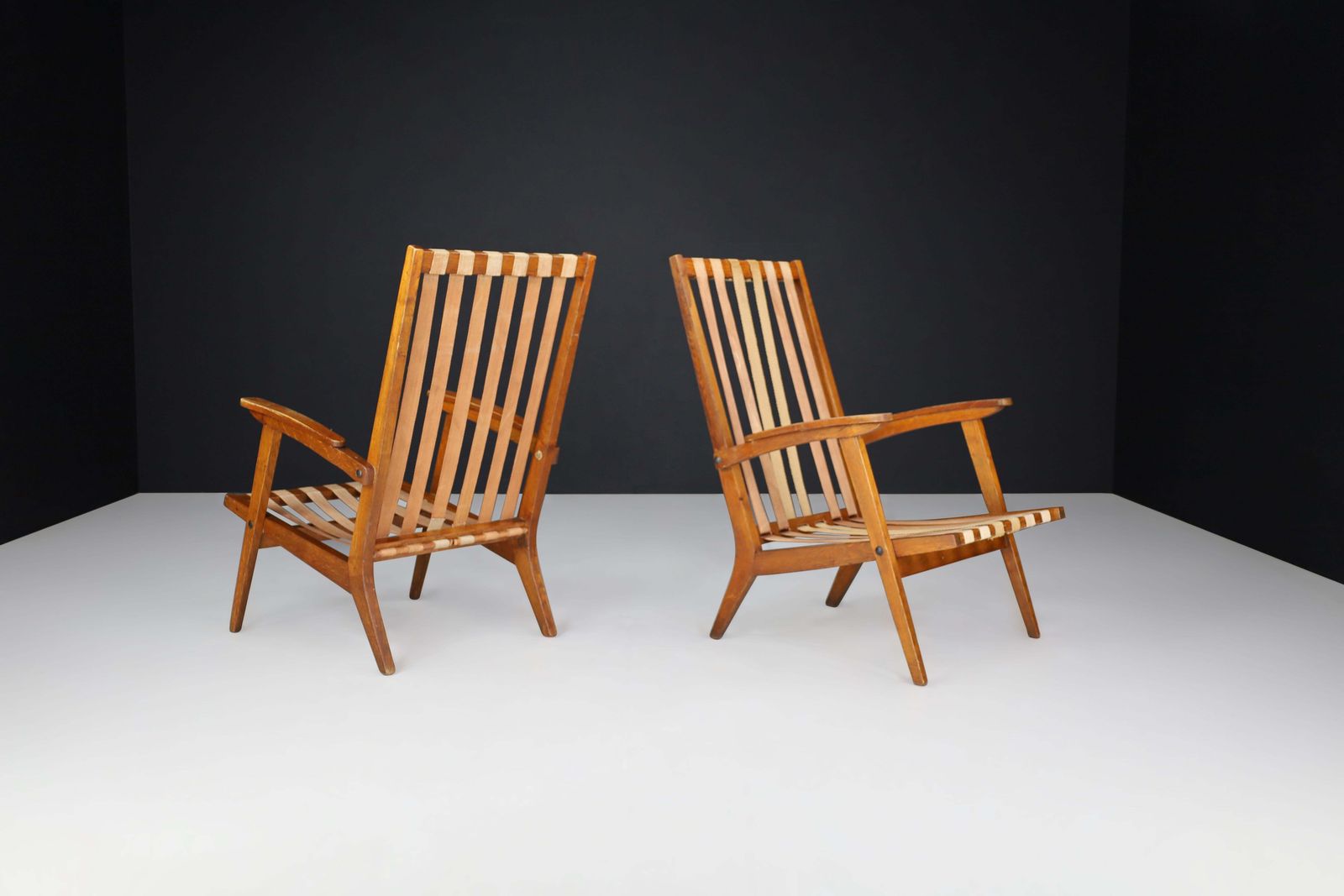 Oak Sculptural Lounge Chairs With Brown Upholstery, France, 1950s photo Furniture