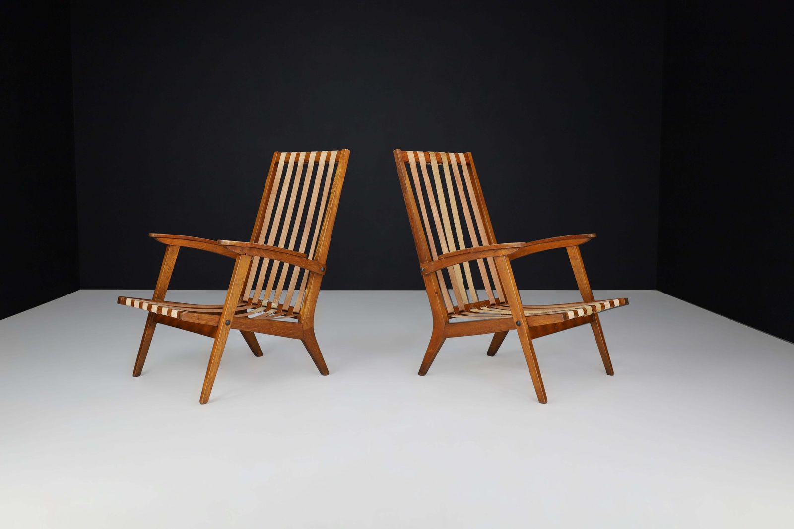 Oak Sculptural Lounge Chairs With Brown Upholstery, France, 1950s photo 3761.0