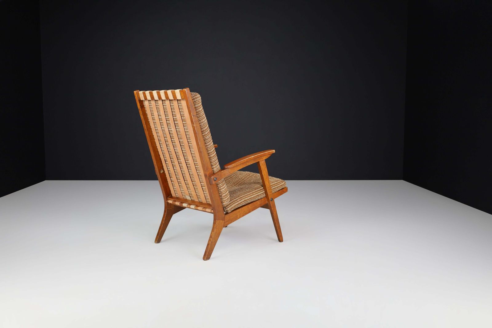 Furniture Oak Sculptural Lounge Chairs With Brown Upholstery, France, 1950s photo