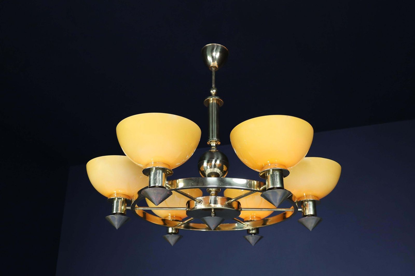Xl Brass And Amber/Gold Opaline Glass Chandeliers, Italy, 1970s (2 Available) photo furniture