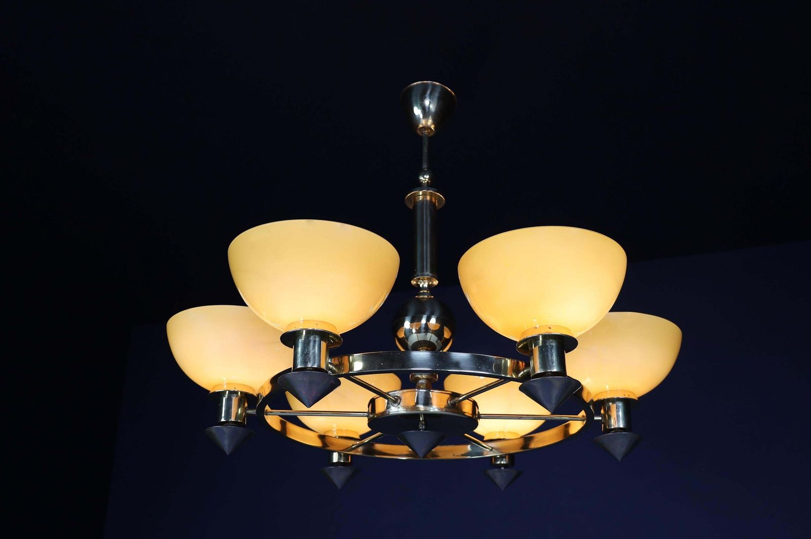 Xl Brass And Amber/Gold Opaline Glass Chandeliers, Italy, 1970s (2 Available) photo Lighting