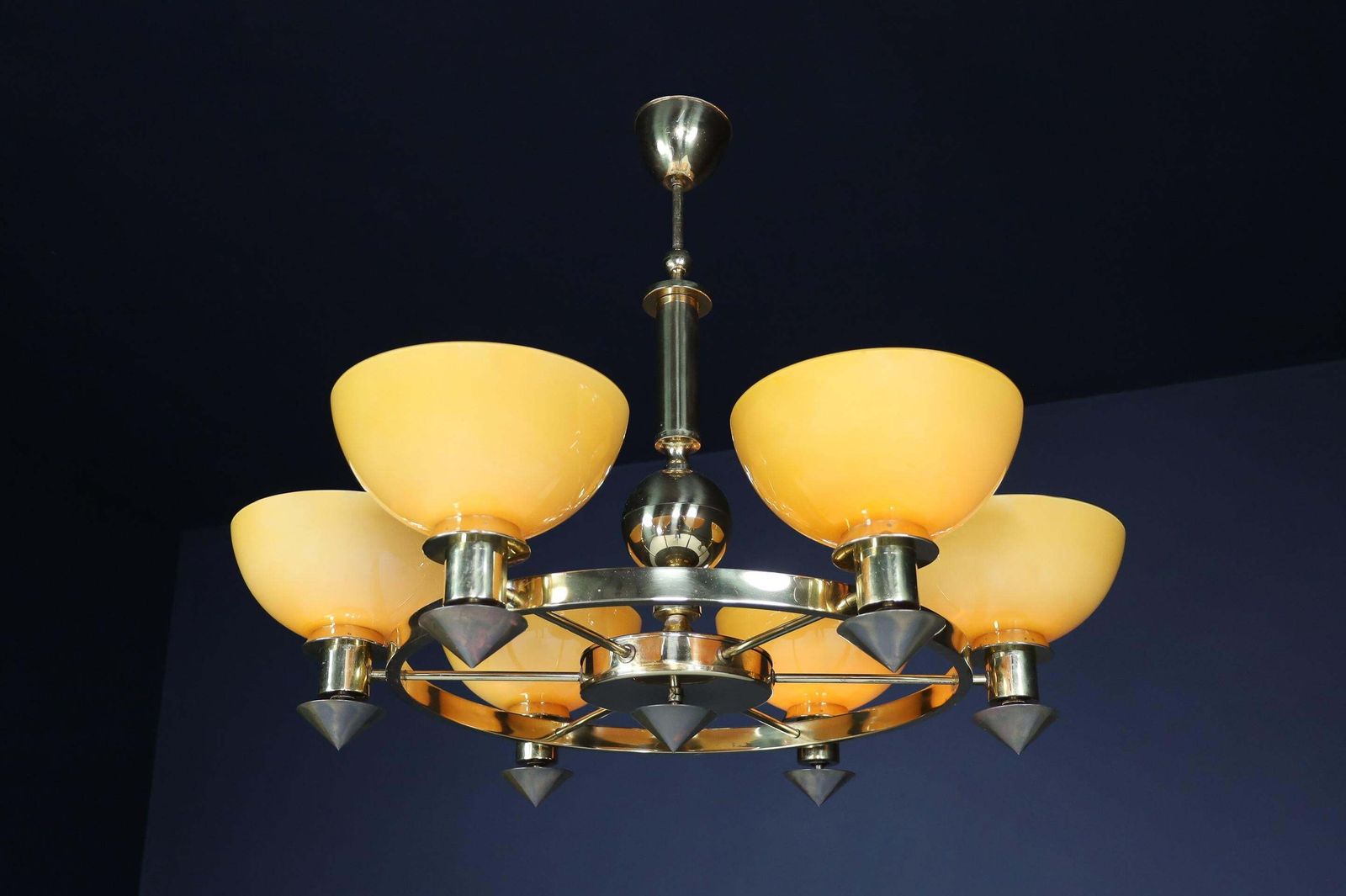 Xl Brass And Amber/Gold Opaline Glass Chandeliers, Italy, 1970s (2 Available) photo buy