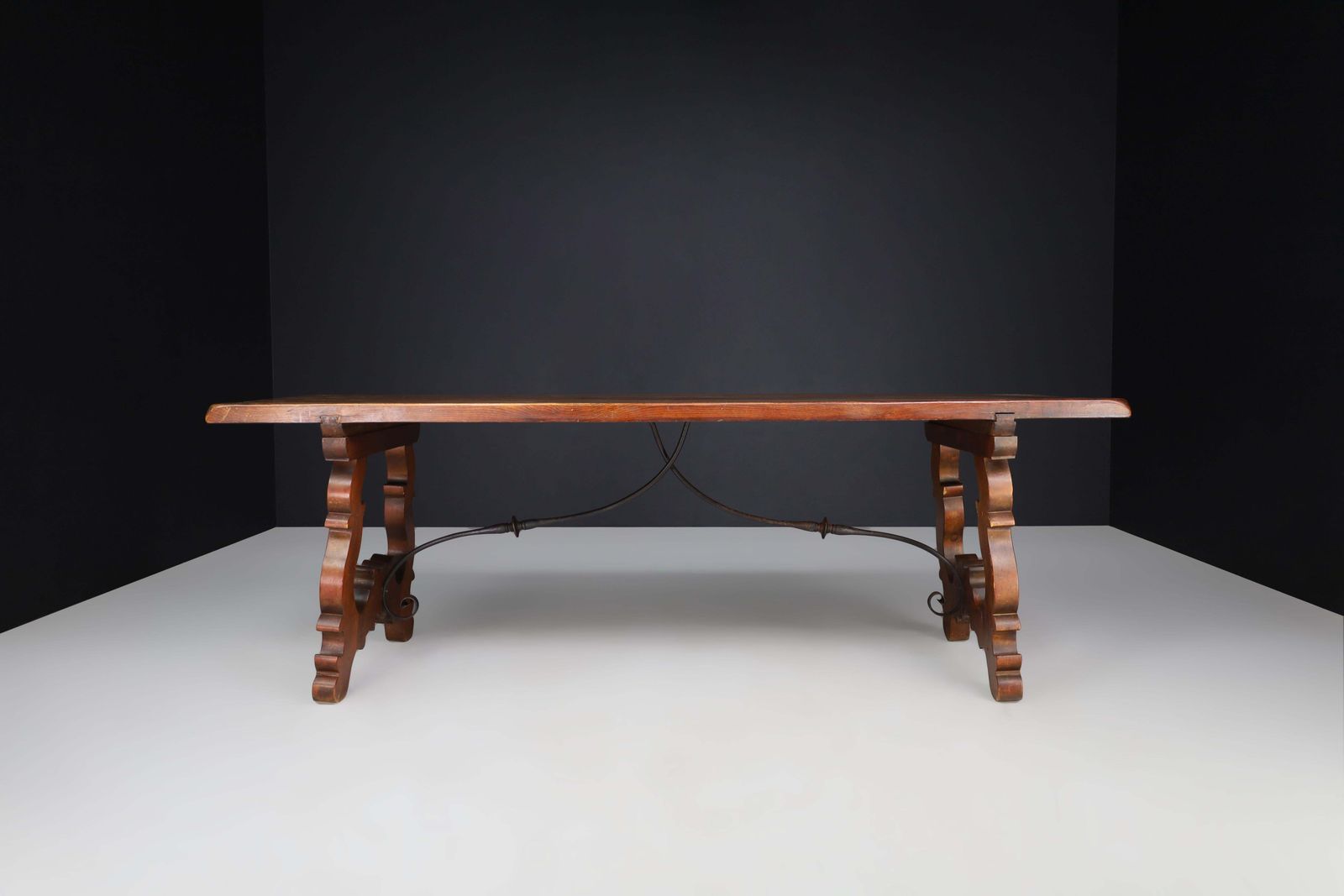 Antique Spanish Baroque Style Refectory Table With Carved Legs & Iron Stretcher photo for sale