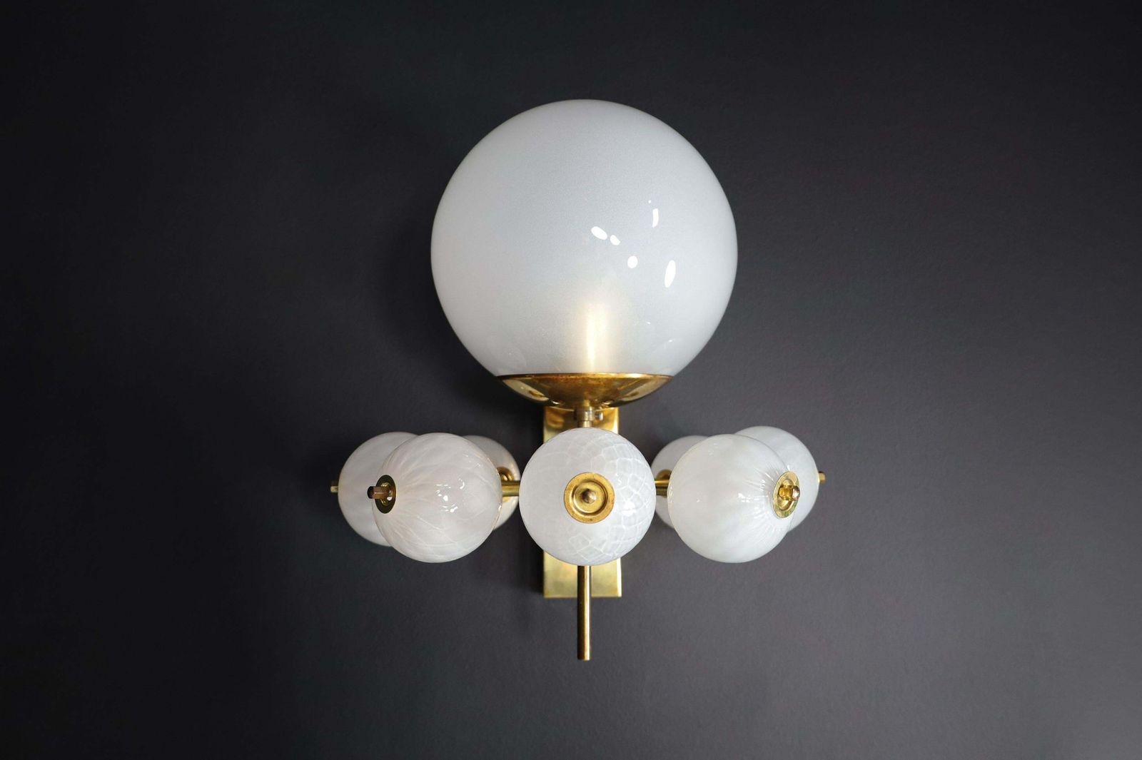 Mid Century Wall Lights With Brass Fixture & Hand Blown Pearl White Glass Globes photo for sale