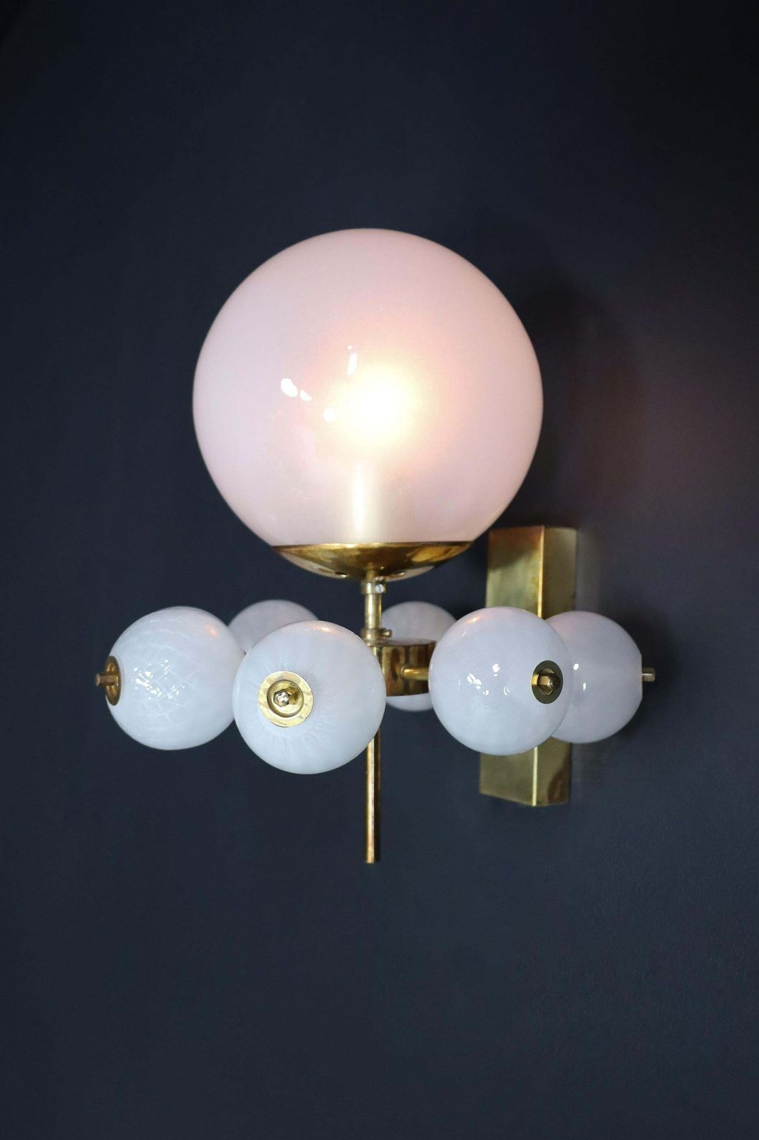 photo for sale Mid Century Wall Lights With Brass Fixture & Hand Blown Pearl White Glass Globes