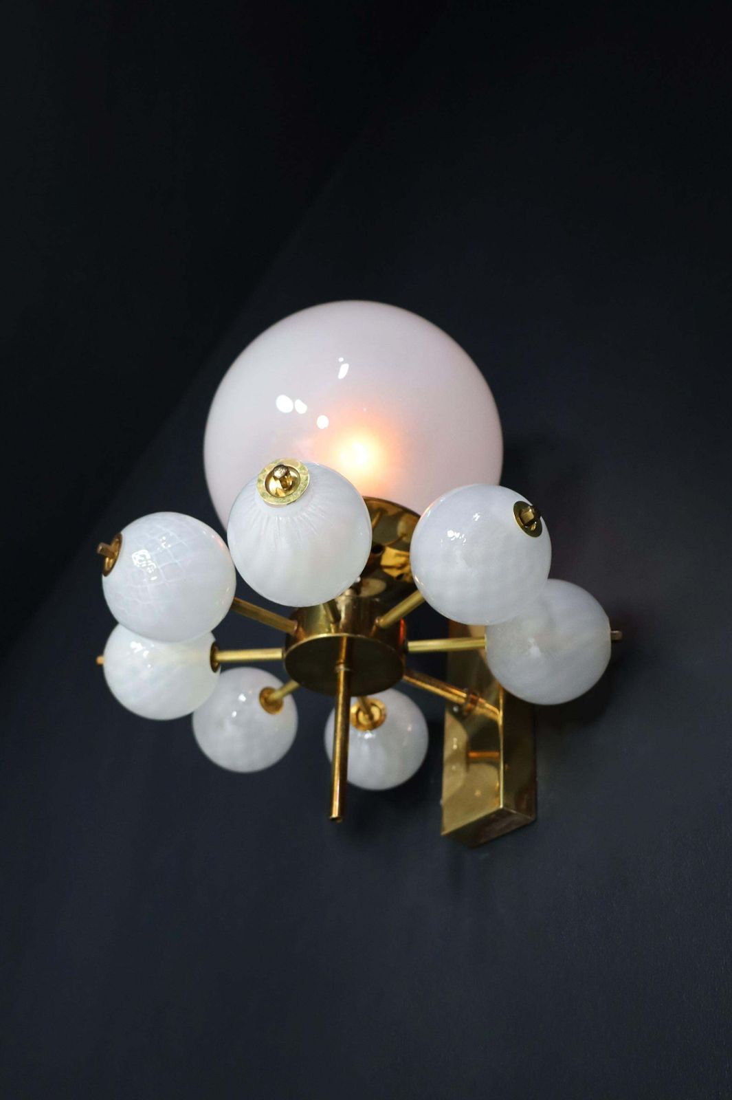 Lighting Mid Century Wall Lights With Brass Fixture & Hand Blown Pearl White Glass Globes photo
