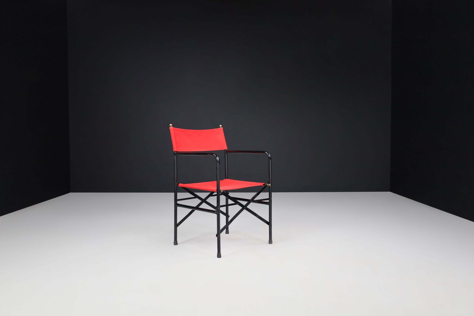 Director’s Folding Chair In Lacquered Steel Frame, Brass, Red Canvas Seat 1980s photo vintage