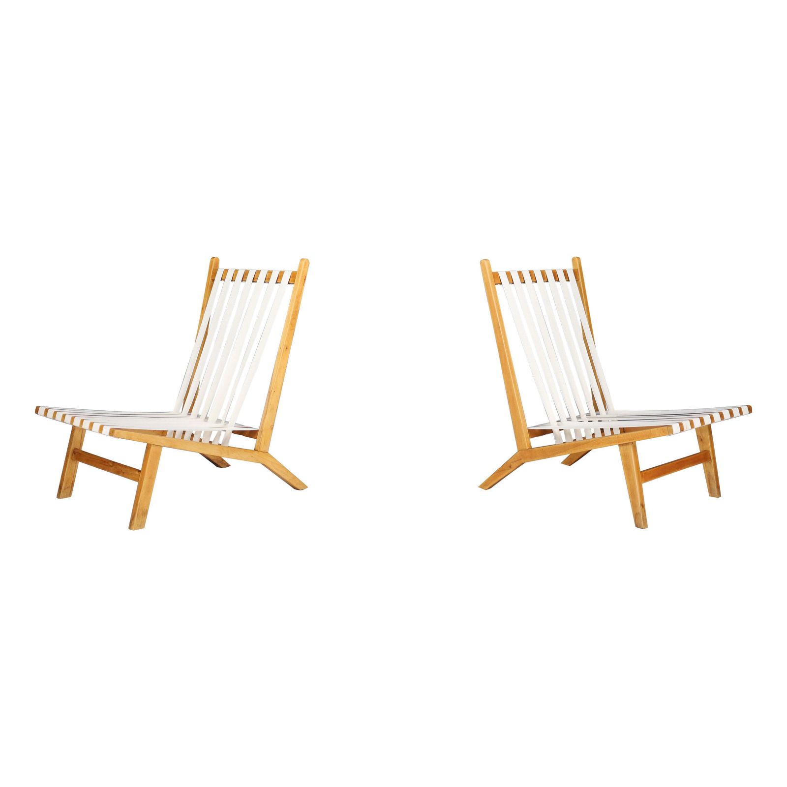 Pair Of Scandinavian Mid Century Lounge Chairs In Beech With New Canvas Straps