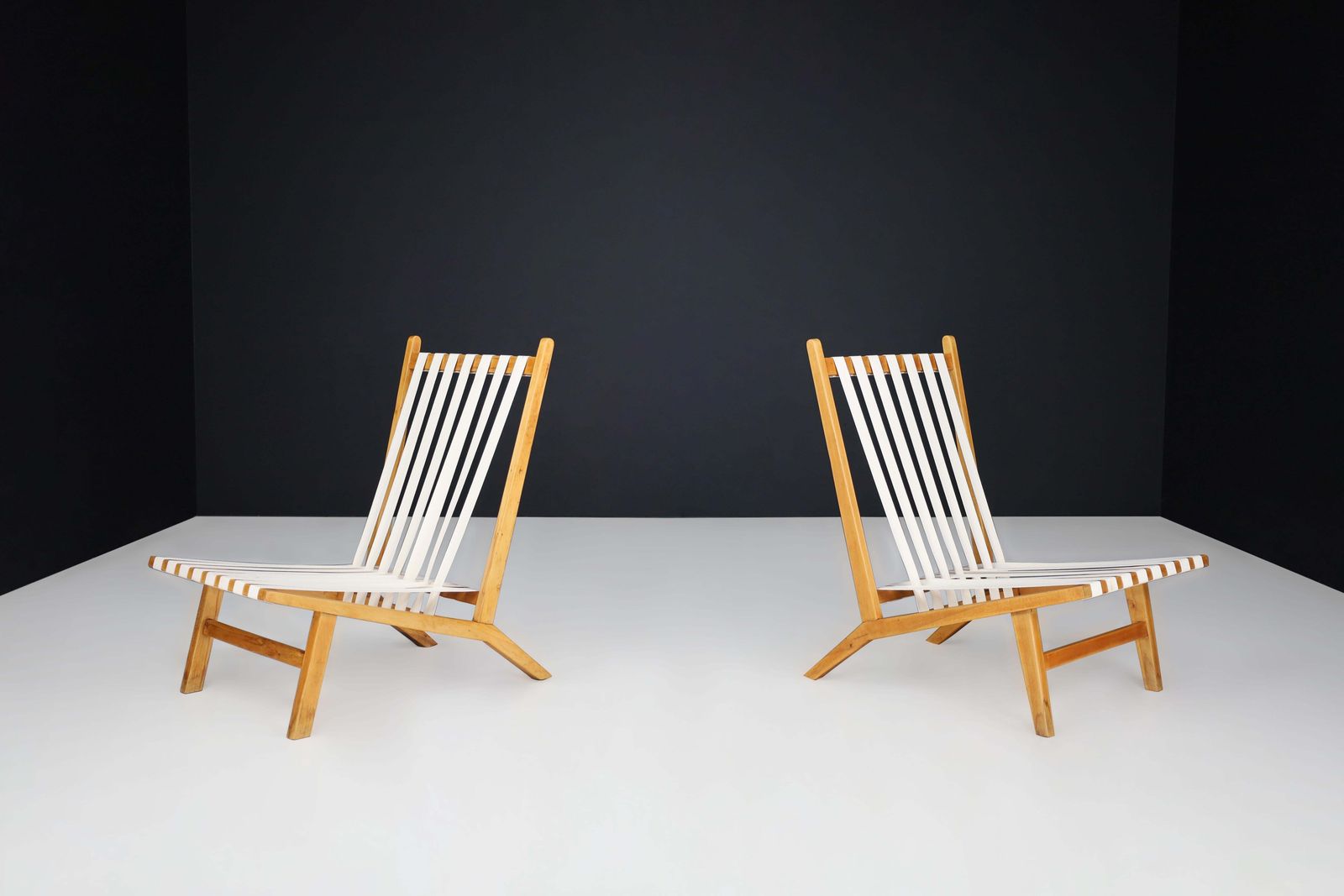 Pair Of Scandinavian Mid Century Lounge Chairs In Beech With New Canvas Straps photo furniture