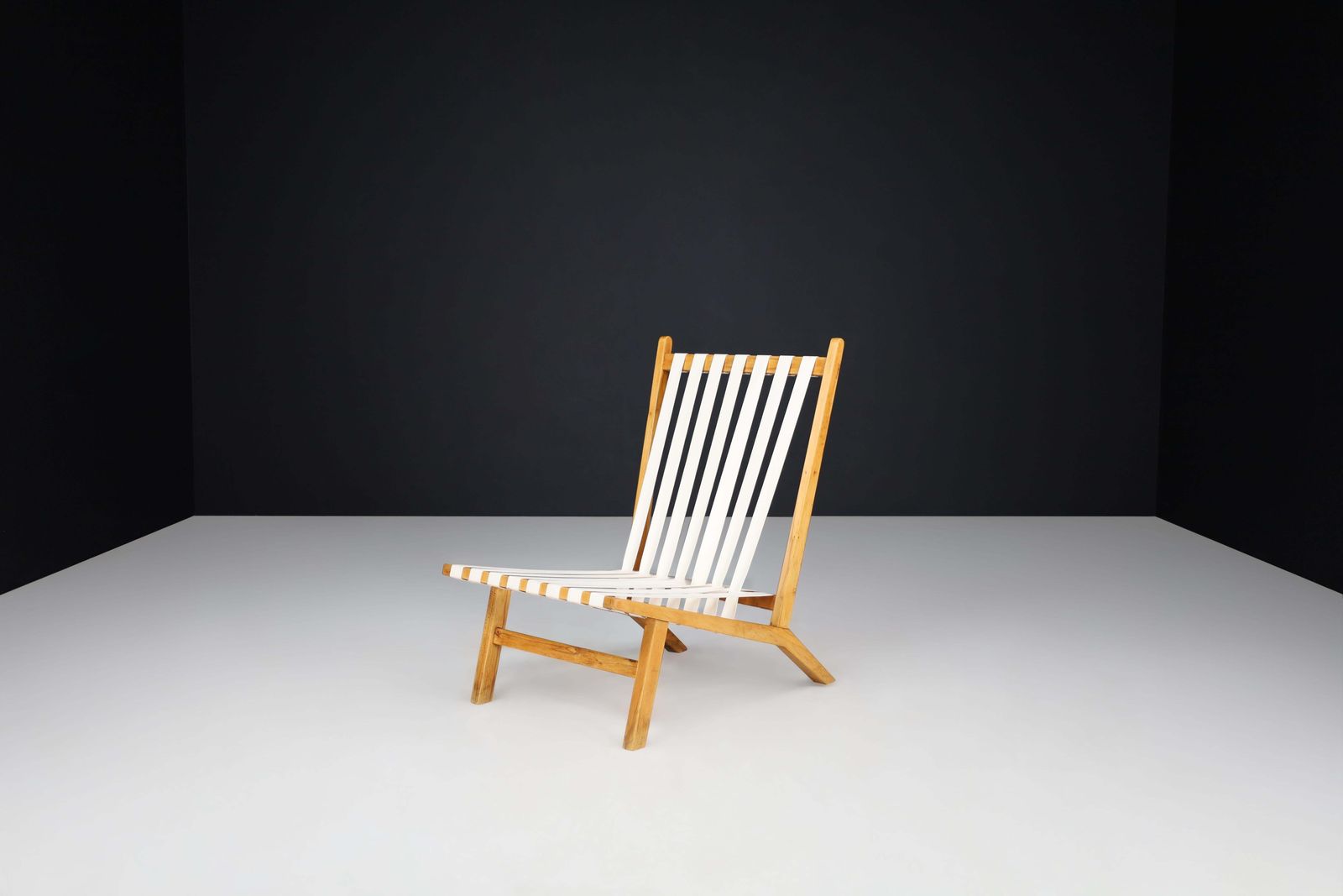 Pair Of Scandinavian Mid Century Lounge Chairs In Beech With New Canvas Straps photo vintage