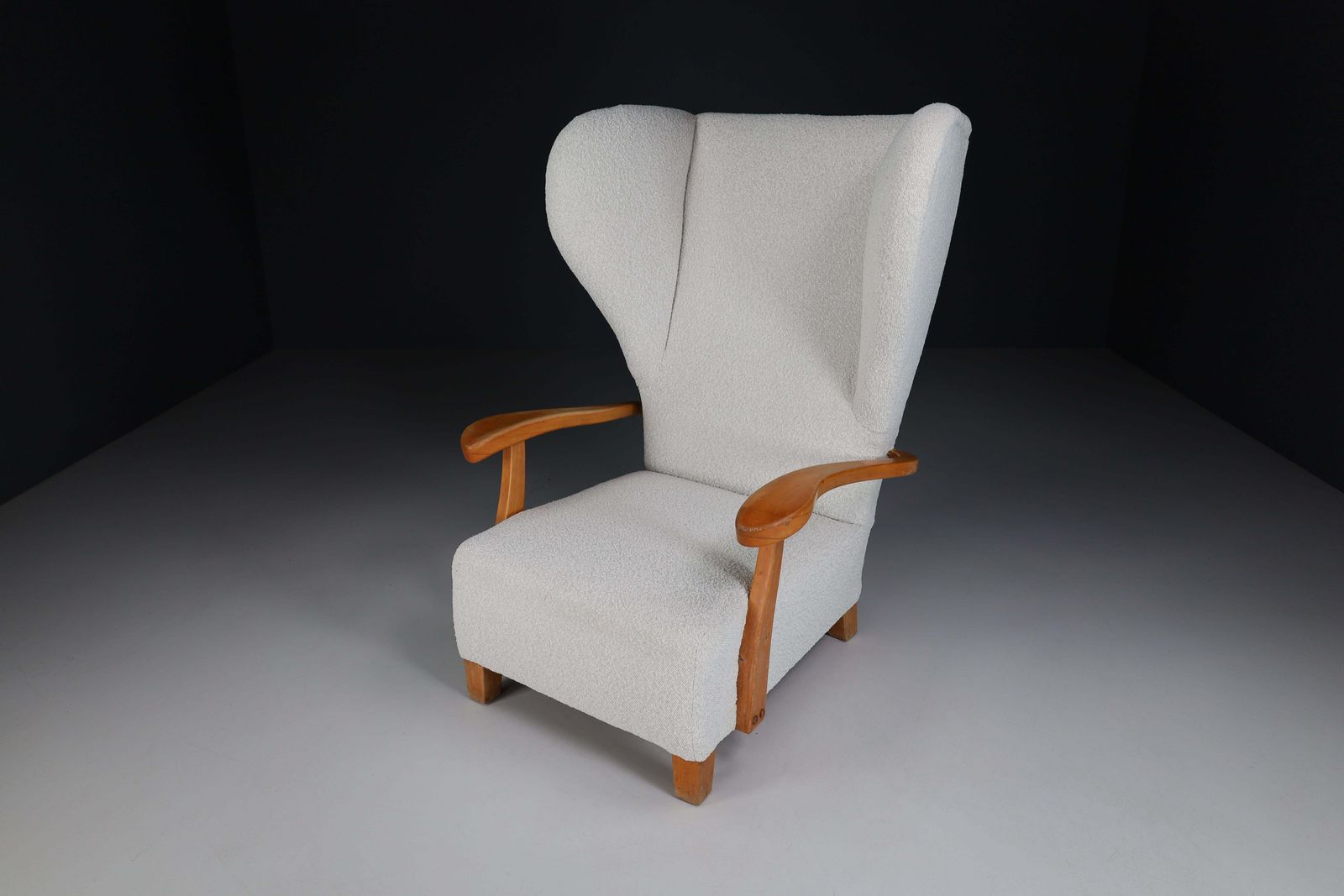 Xxl Monumental Wingback Armchair In Walnut And Bouclé Fabric, France 1930s photo vinterior