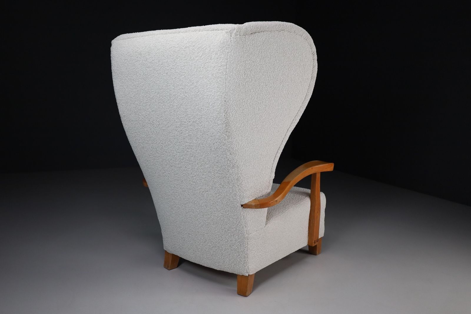 Xxl Monumental Wingback Armchair In Walnut And Bouclé Fabric, France 1930s photo buy