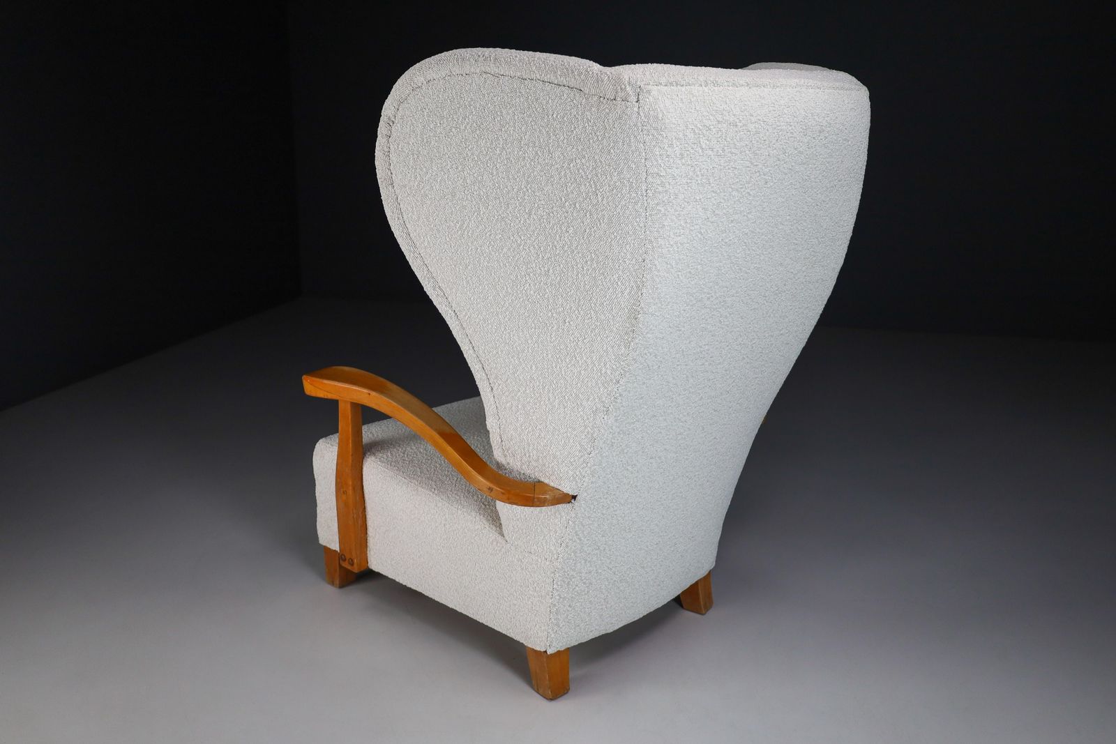 Xxl Monumental Wingback Armchair In Walnut And Bouclé Fabric, France 1930s photo vintage