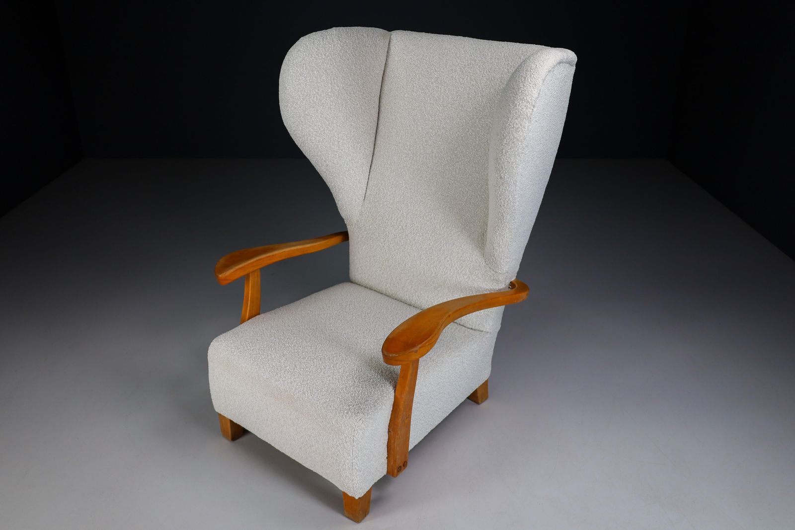 photo for sale Xxl Monumental Wingback Armchair In Walnut And Bouclé Fabric, France 1930s