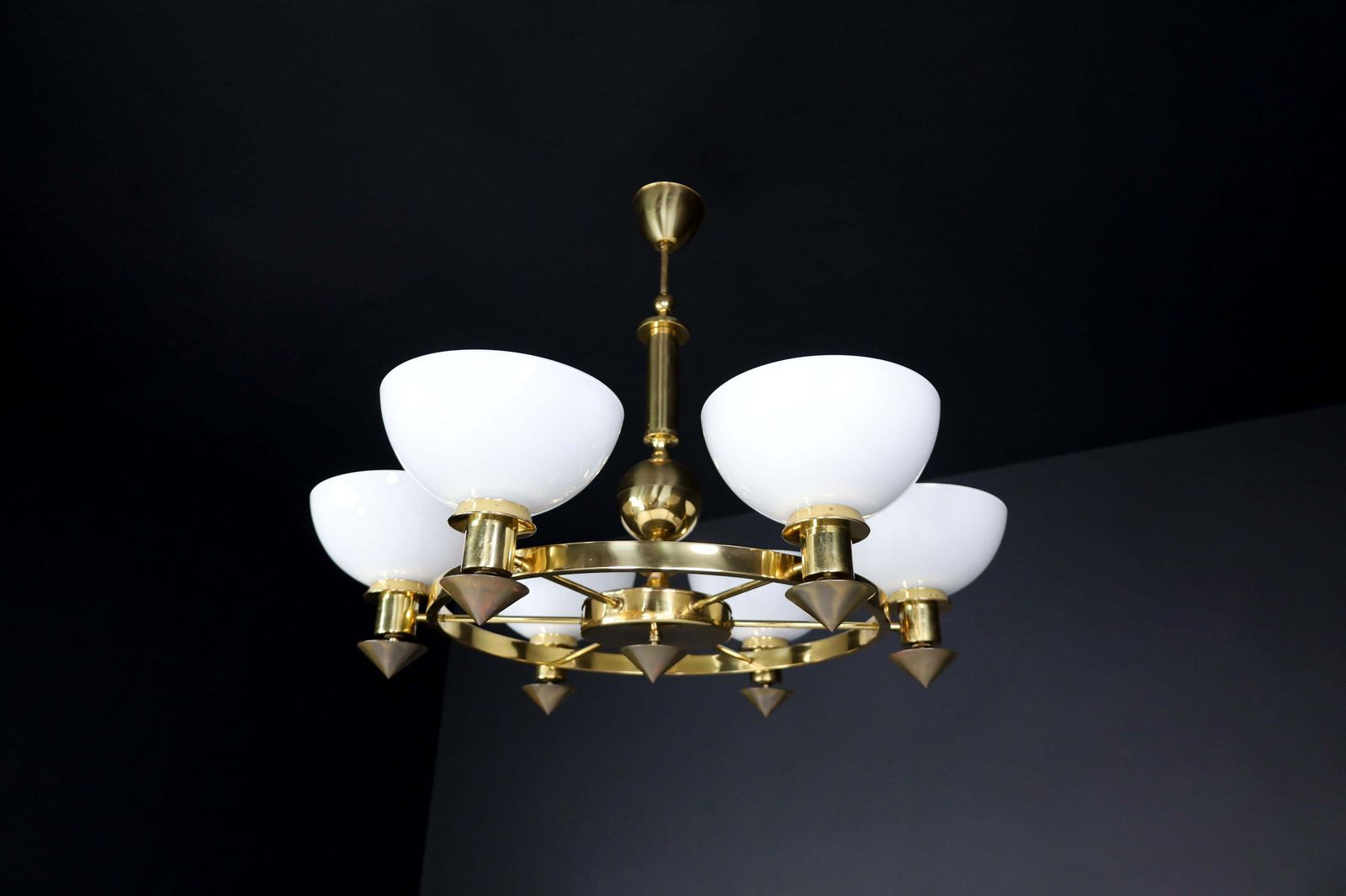 photo furniture Xl Brass And White Opaline Glass Chandeliers, Italy, 1970s
