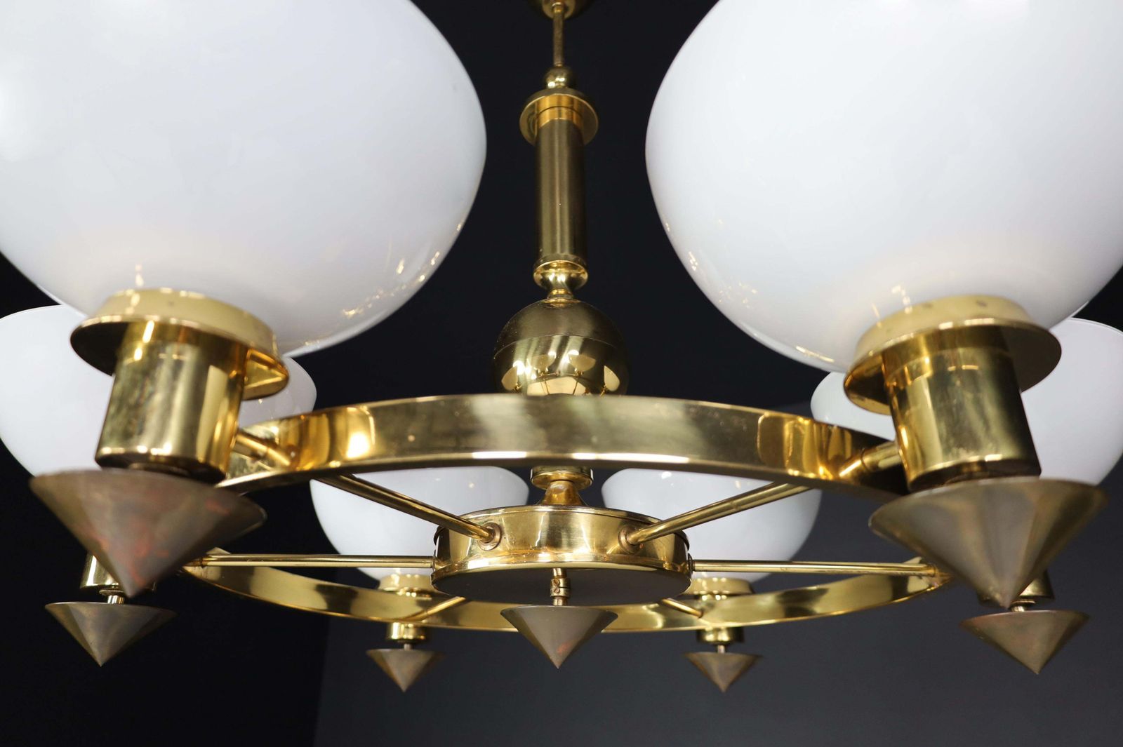 3649.0 Xl Brass And White Opaline Glass Chandeliers, Italy, 1970s photo