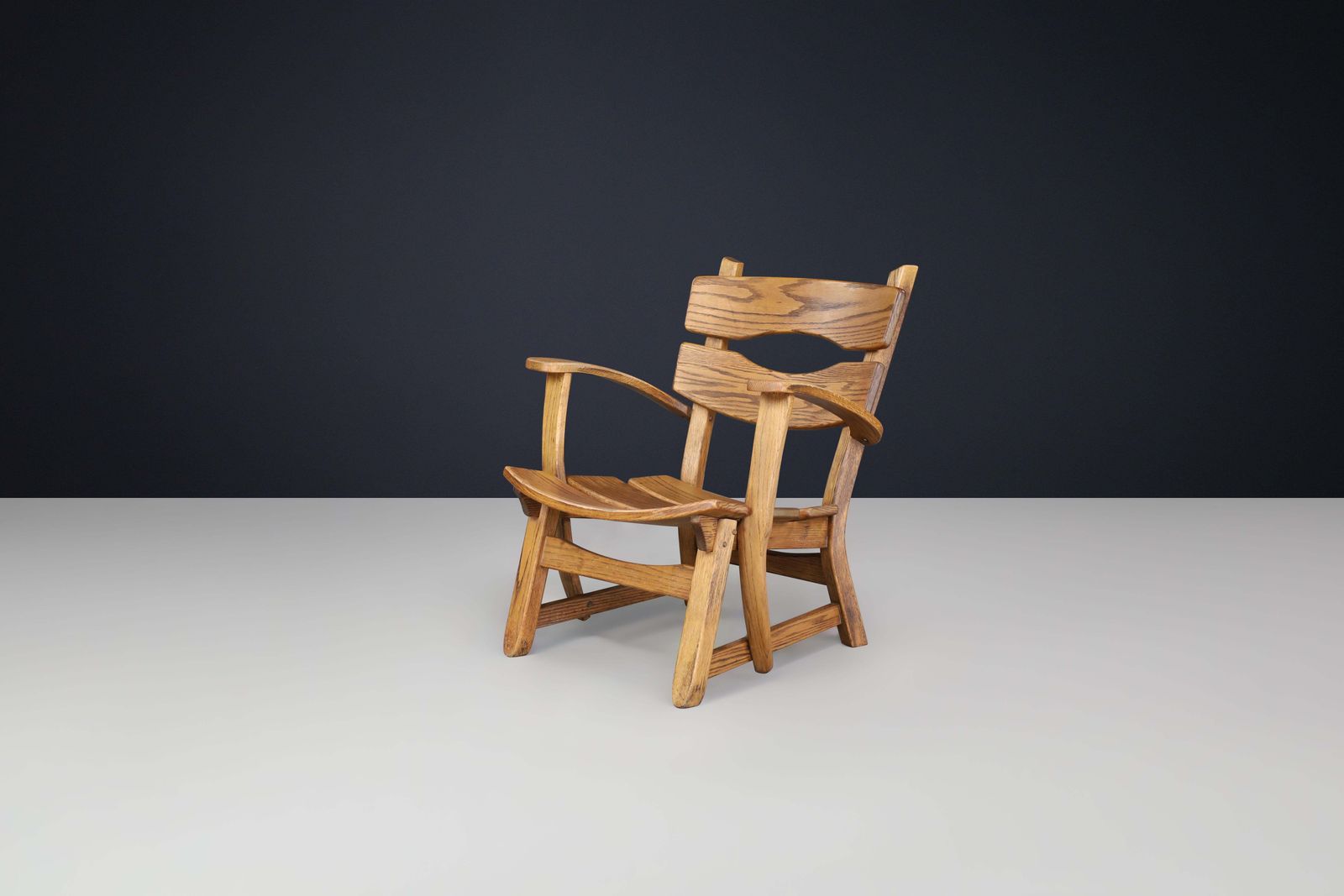 Sculptural Mid Century Armchair In Solid Oak, France, 1950s — 1 Available photo furniture