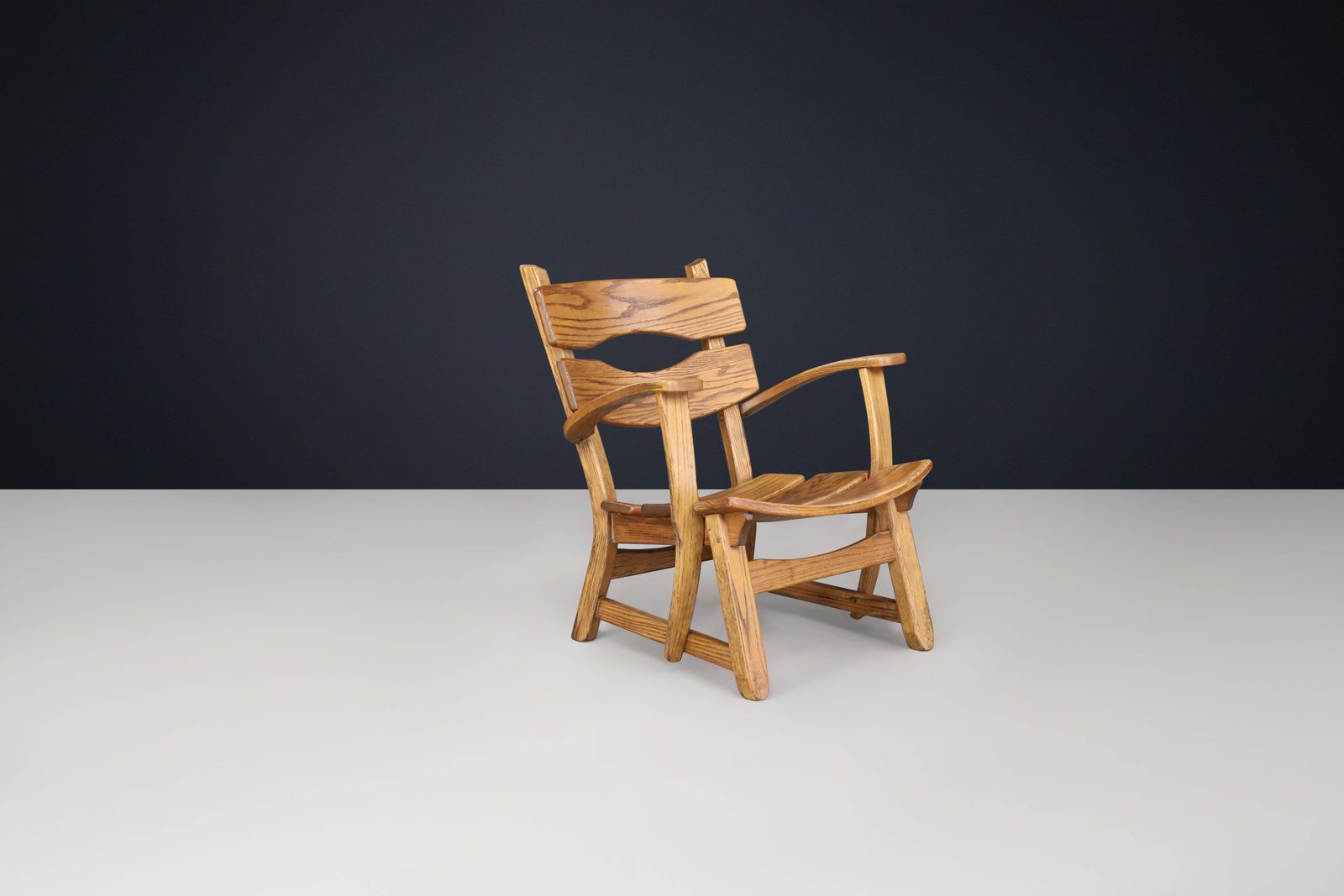 photo furniture Sculptural Mid Century Armchair In Solid Oak, France, 1950s — 1 Available